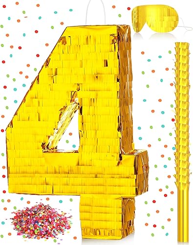 Sratte Piñata con número, decoración de piñata de cumpleaños, piñata de lámina dorada con palo, confeti para niños y niñas, decoraciones de fiesta