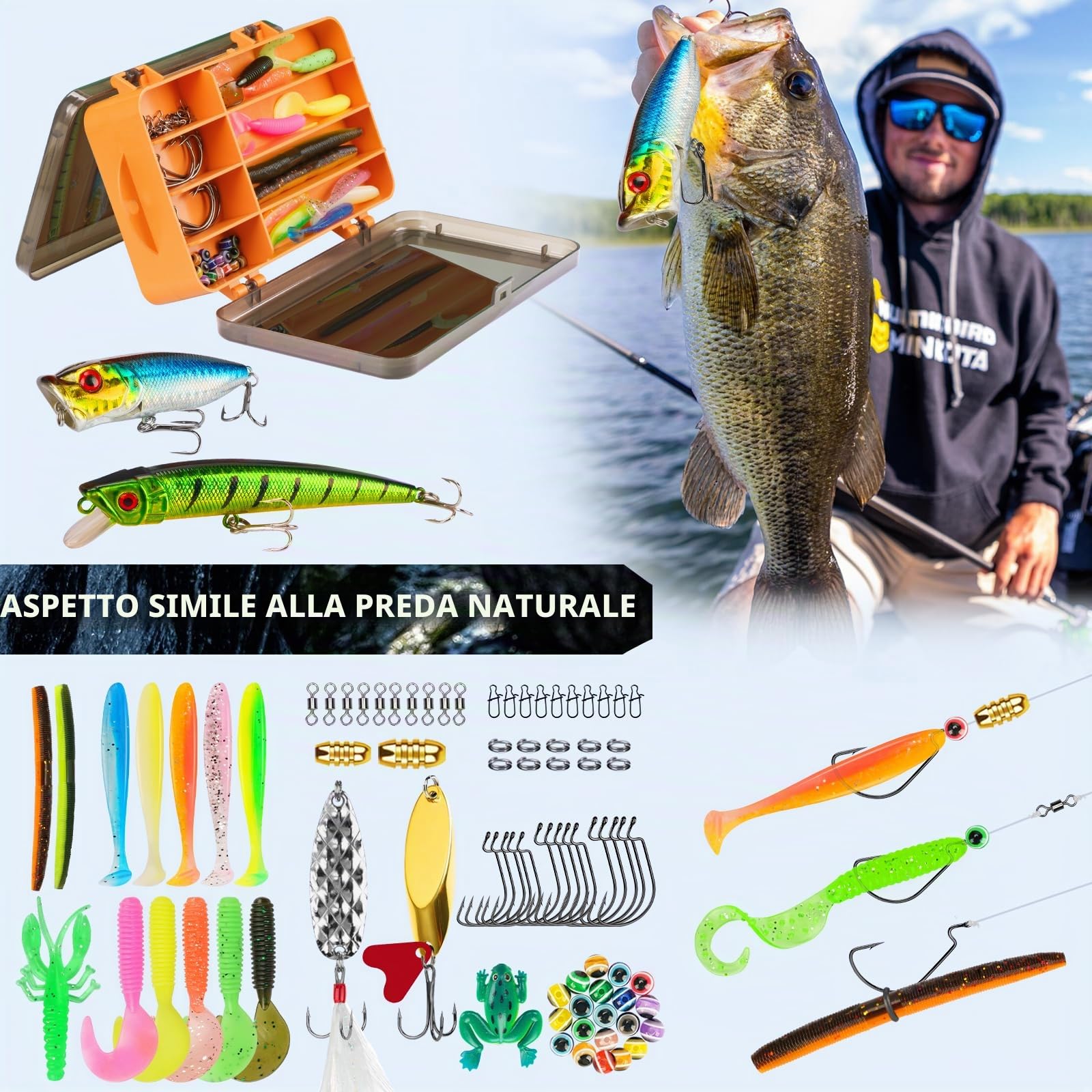 THKFISH Set di esche da pesca con scatola per esca, tessuto Oxford 600D, impermeabile, con scomparto regolabile, per attrezzi da pesca, campeggio, escursionismo, viaggi, mimetico
