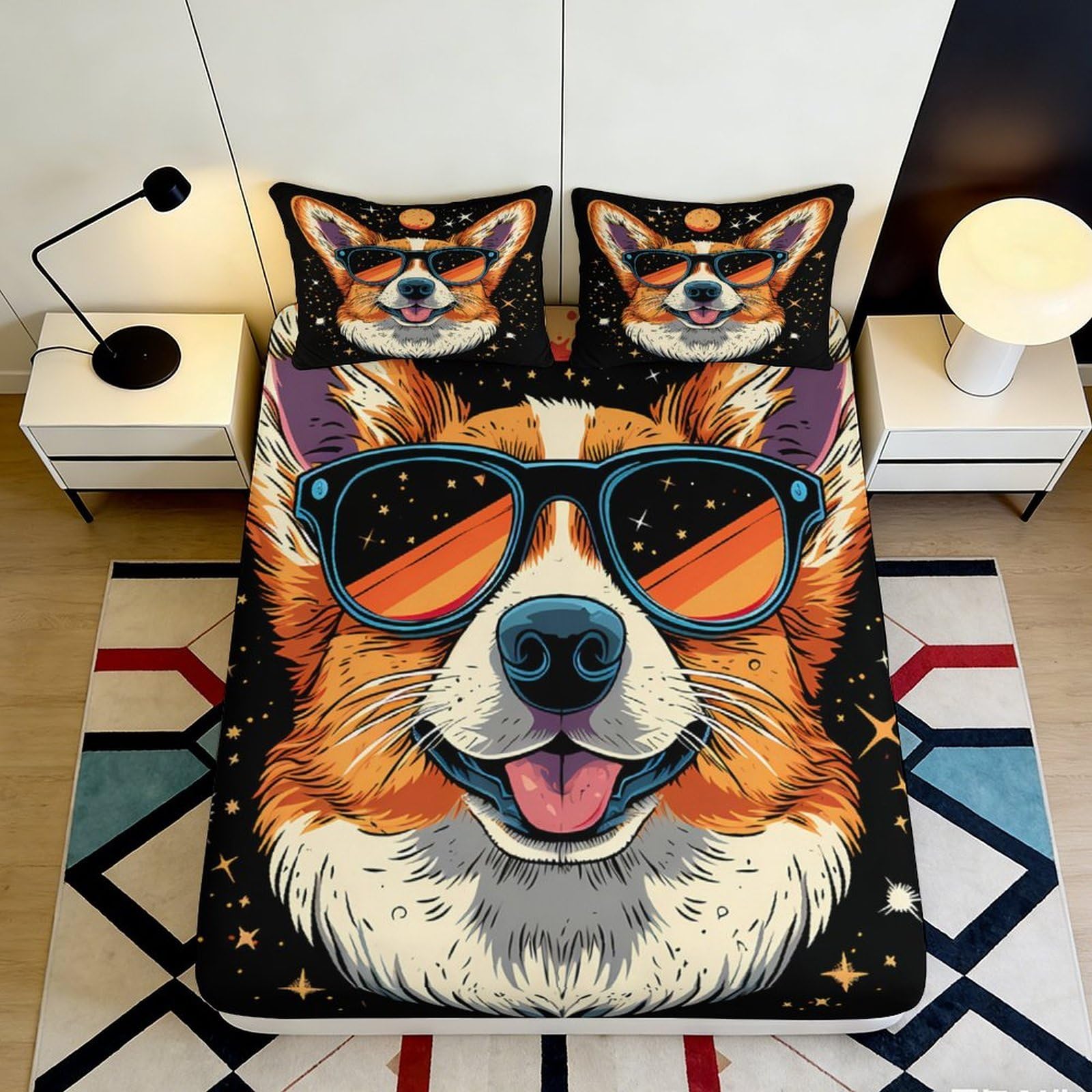 3D Printed Corgi Sunglasses Fitted Sheet Microfiber Orange Dog Cartoon Mattress Cover for Bedroom Guest Room Decor 90x200x25cm