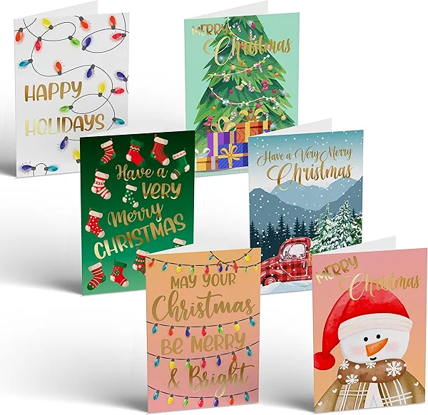Better Office Products 50 Pack Christmas Cards Set with Gold Foil Accents, 4" x 6", Fun & Festive Designs, Blank Inside, Boxed Set