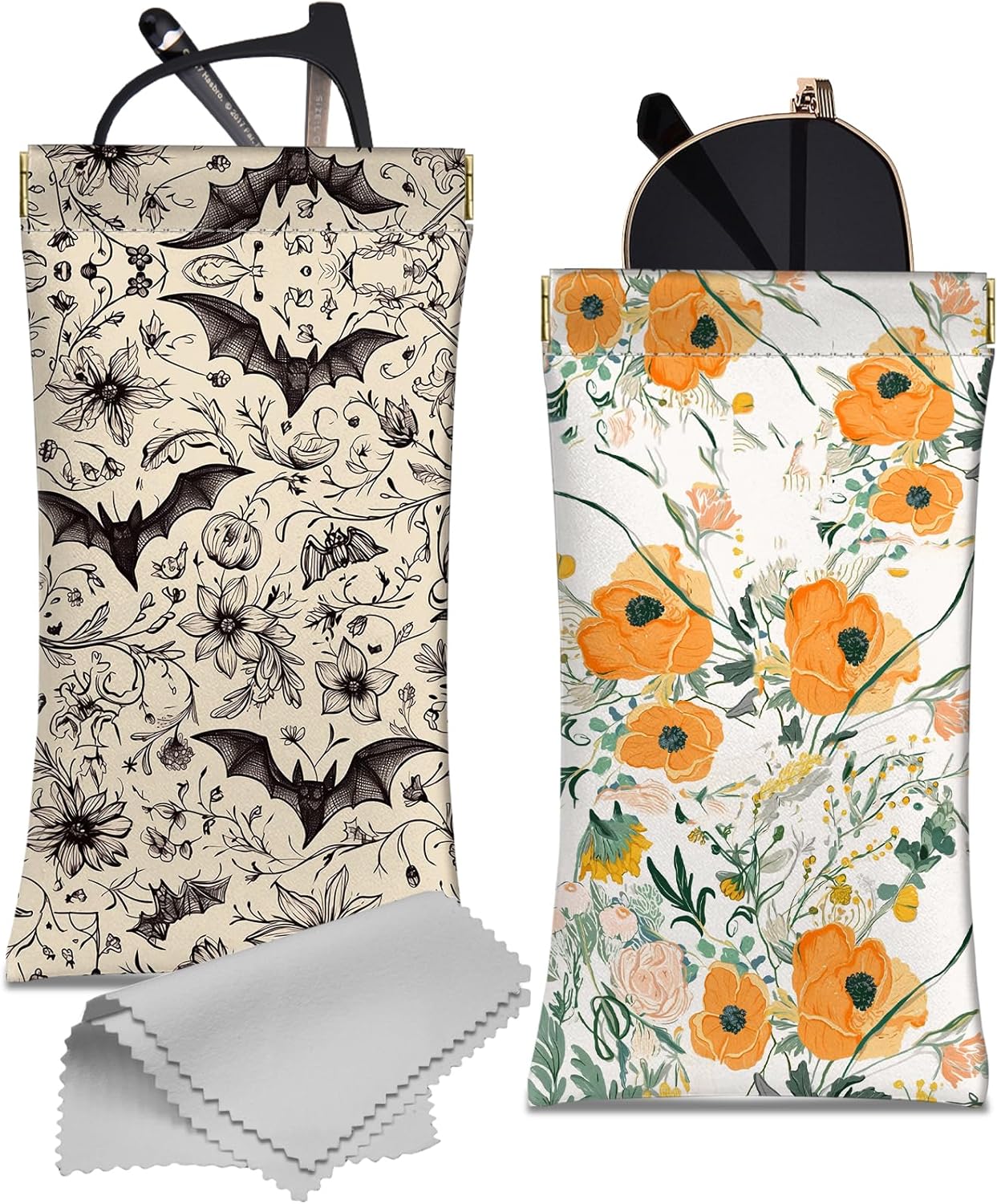 2 PCS Glasses Case Eyeglass Sunglasses Pouch Squeeze Portable Bag Soft Leather with Cleaning Cloth Women Men Girls