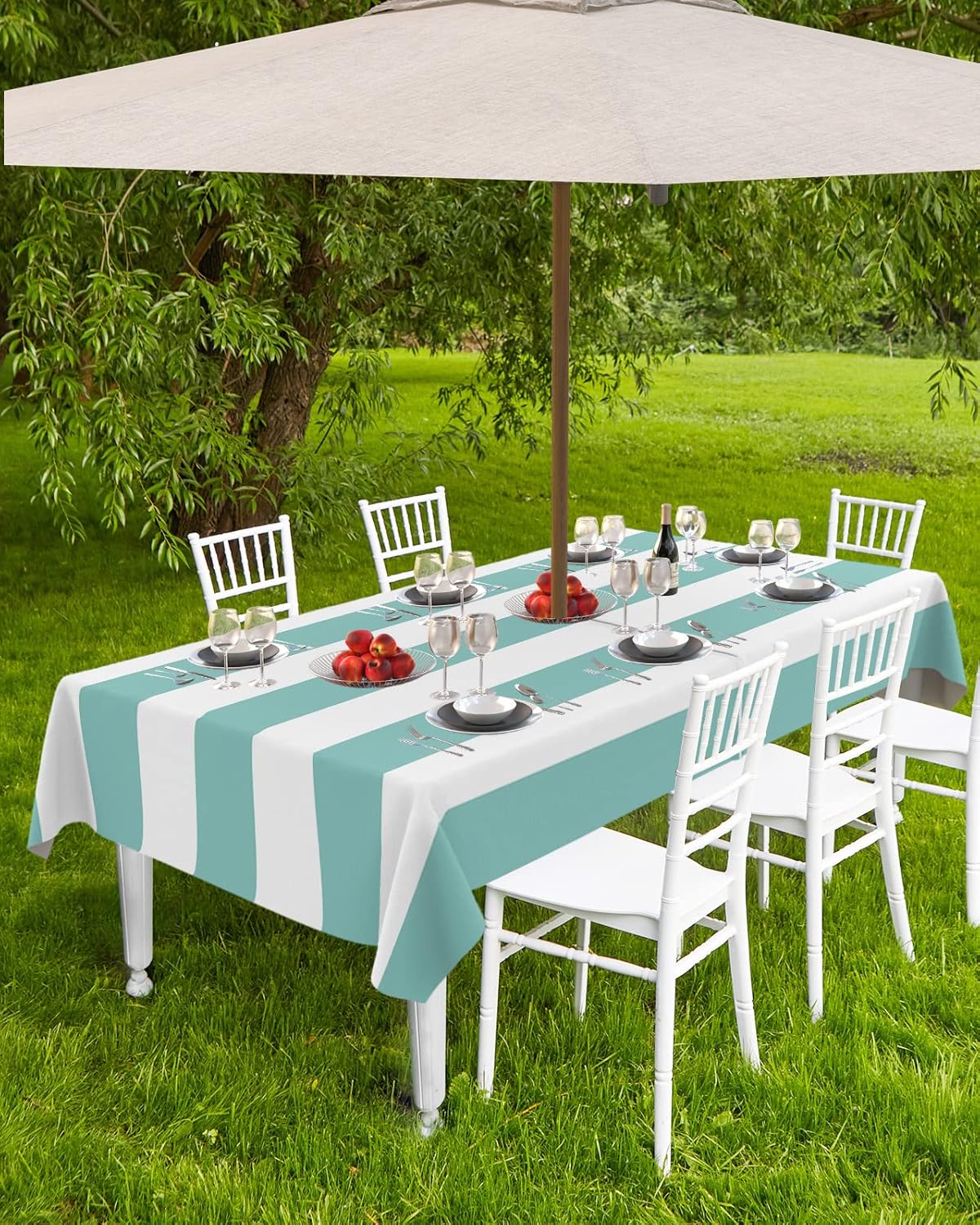 Outdoor Tablecloth with Umbrella Hole and Zipper Classical Stripe Rectangle Tablecloths 60x120 Waterproof Outside Table Cloths Teal Blue Patio Table Cover for Outdoor Tables Picnic BBQS Garden Party