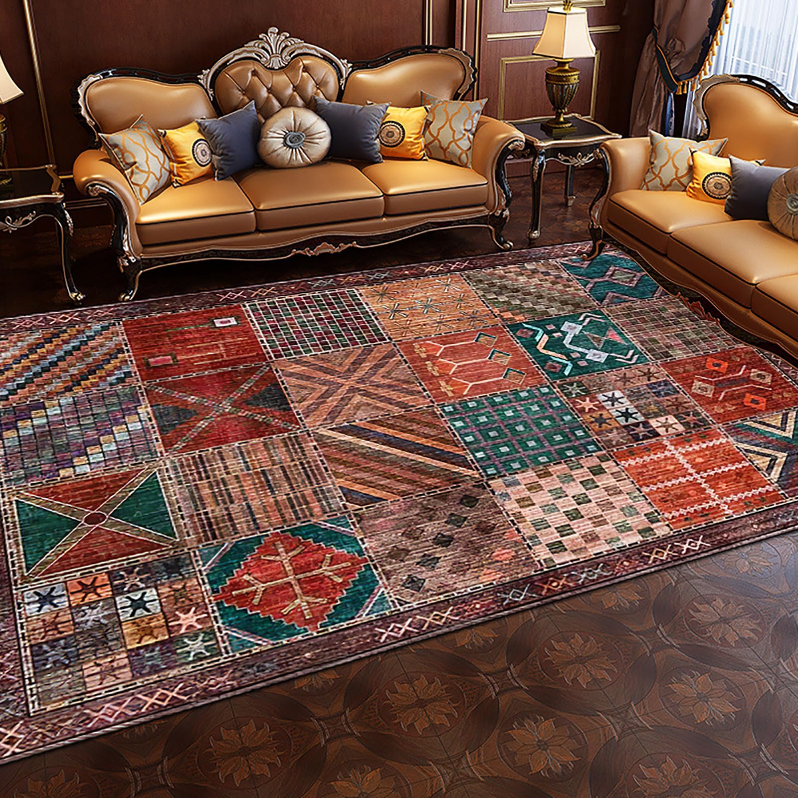 Grand tapis de salon 200x290 cm lavable et antidérapant patchwork