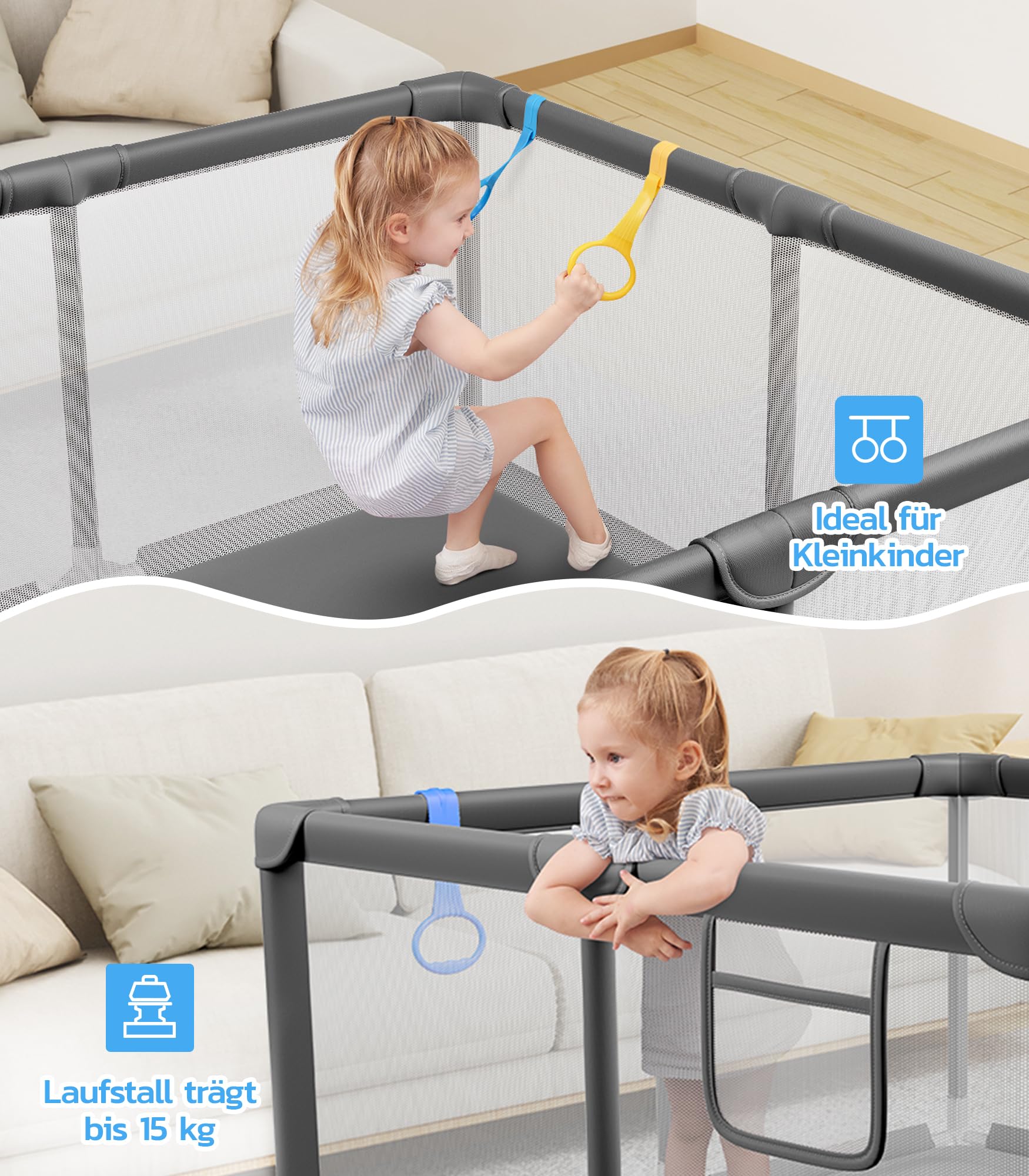Dripex Laufstall Baby, Kompakter Laufgitter Baby ideal für kleine Räume, Indoor & Outdoor Laufgitter & -Ställe mit Atmungsaktivem Netz & Pull-up Rings, 124x124cm, Dunkelgrau