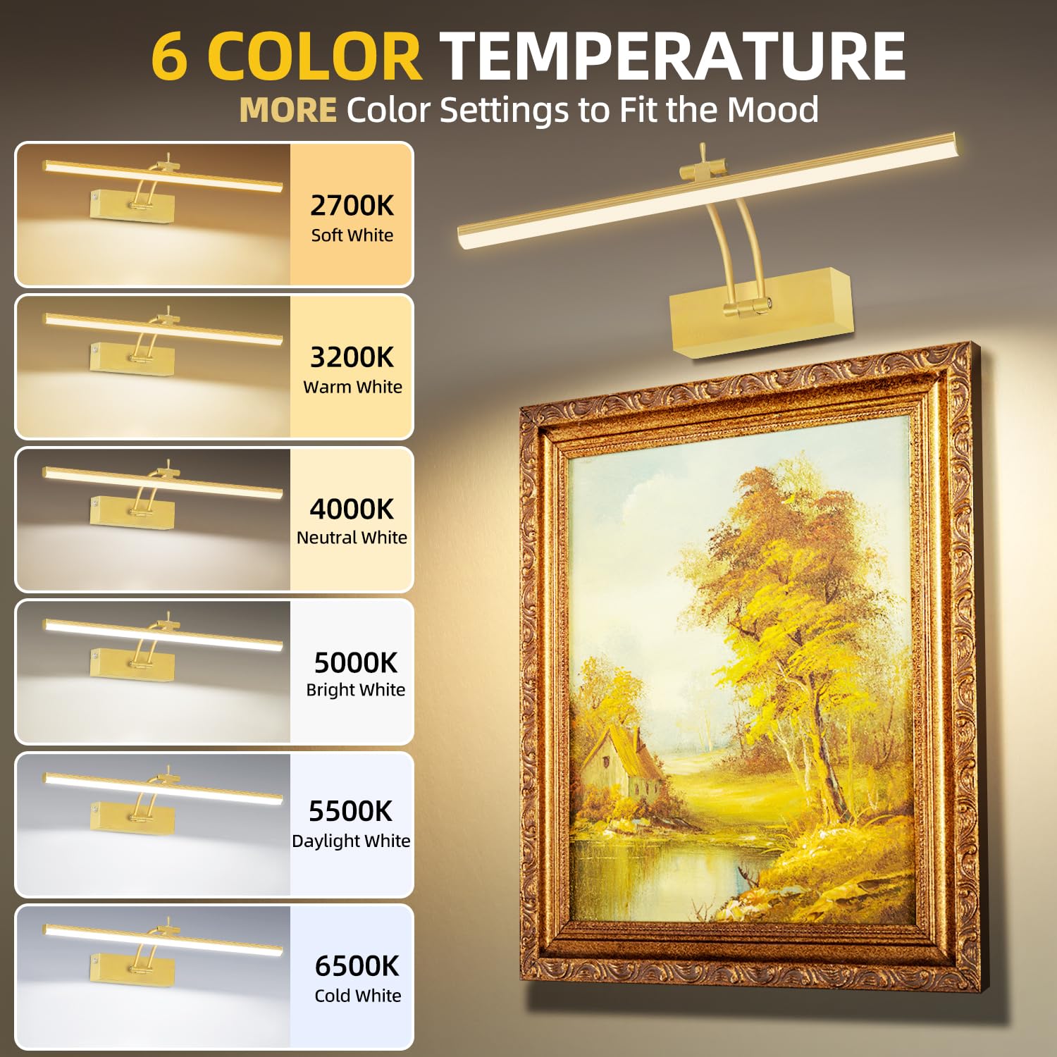 Bilderleuchten in 6 Farben, batteriebetrieben mit Fernbedienung, 40,6 cm, kabellos, wiederaufladbar, Malleuchten mit Timer für Wand, 6 CCT dimmbare Display-Lichter für Kunstgalerie,