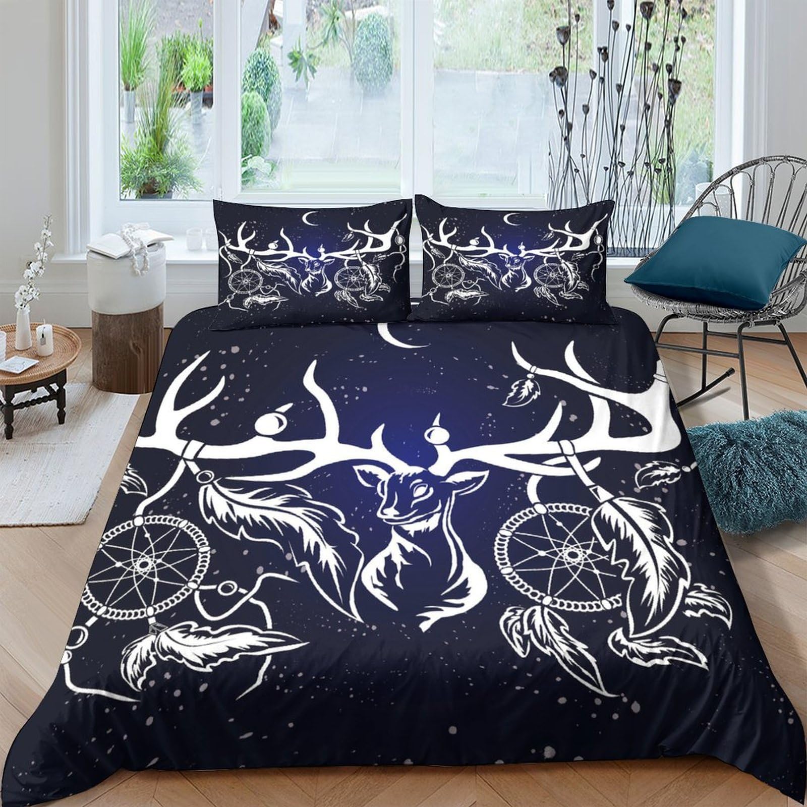 Ctjqhvkz Style-9 3D Printed Deer Antlers Fitted Sheet Microfiber Nordic Dreamcatcher Bed Cover Navy Blue For Bedroom Dorm Decor Single（135X200cm）
