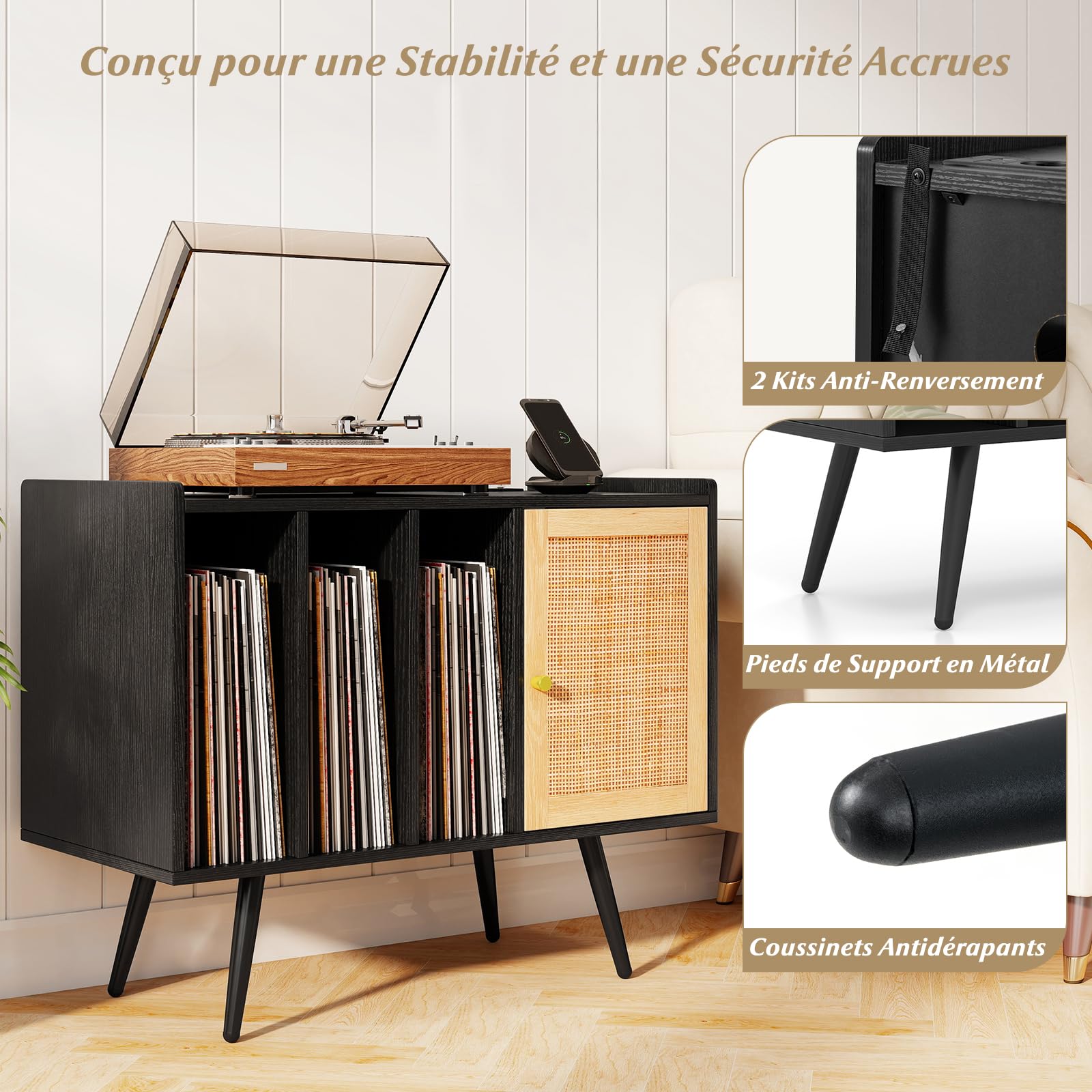 COSTWAY Meuble Vinyle avec Prise, Rangement Vinyle pour 220 Albums, Rangement CD/DVD Manga, Armoire à Porte Cannage,Support pour Tourne-disque, Meuble Hifi pour Salon, Chambre (Noir)