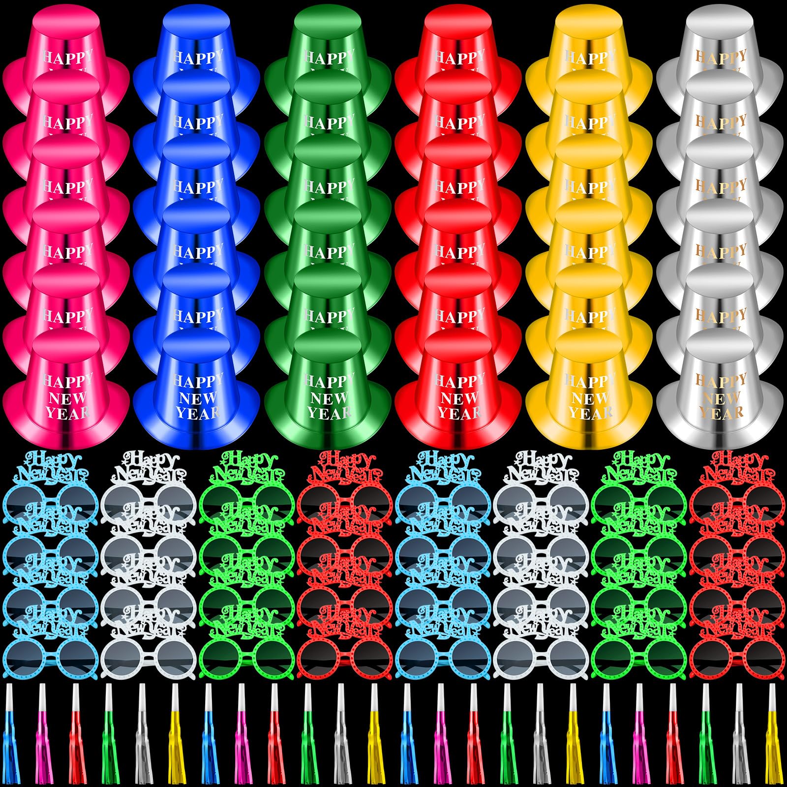 Hungdao 108-teiliges Partyzubehör mit Aufschrift "Happy Year", 36 Partyhüte, 36 bunte Gläser, 36 bunte Gebläse, Geräuschmacher für den Jahresabend, Party-Dekorationszubehör