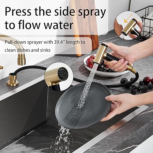 Miniatura 4 de Grifo de cocina dorado cepillado con rociador lateral, grifo de 2 manijas para fregadero de cocina, grifo de fregadero de cocina de 4 agujeros con