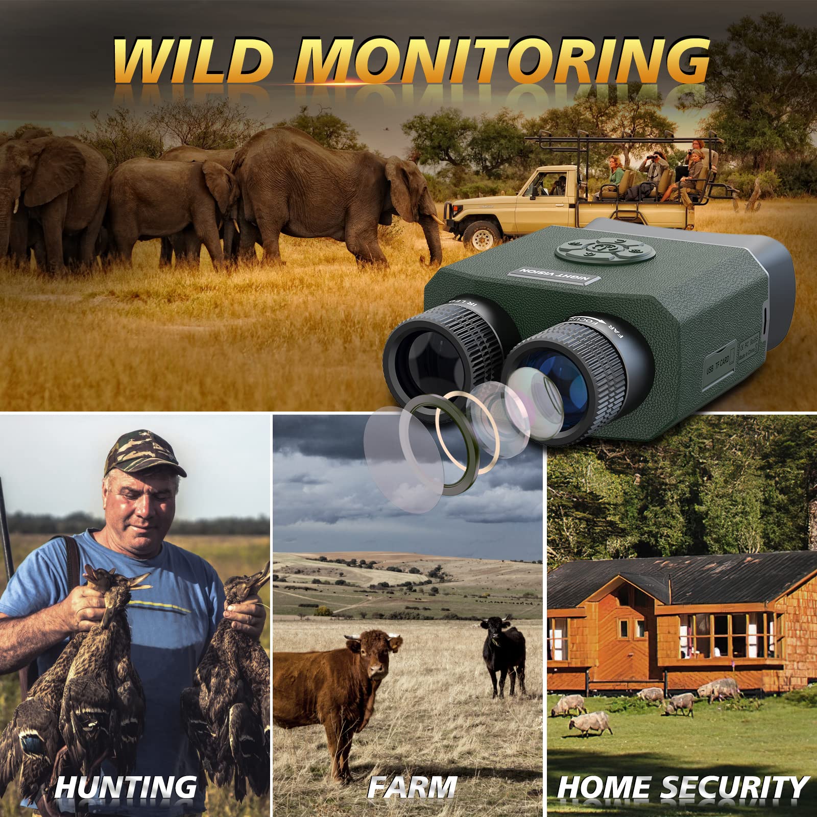 Binocolo Visione Notturna, Relassy 1080P HD Visore Notturno Digitale Infrarossi,Ricaricabile 3000mAh, 9-Livello Infrarossi, Zoom Digitale 6X, 3,5" TFT LCD Per Caccia, Birdwatching, Campeggio