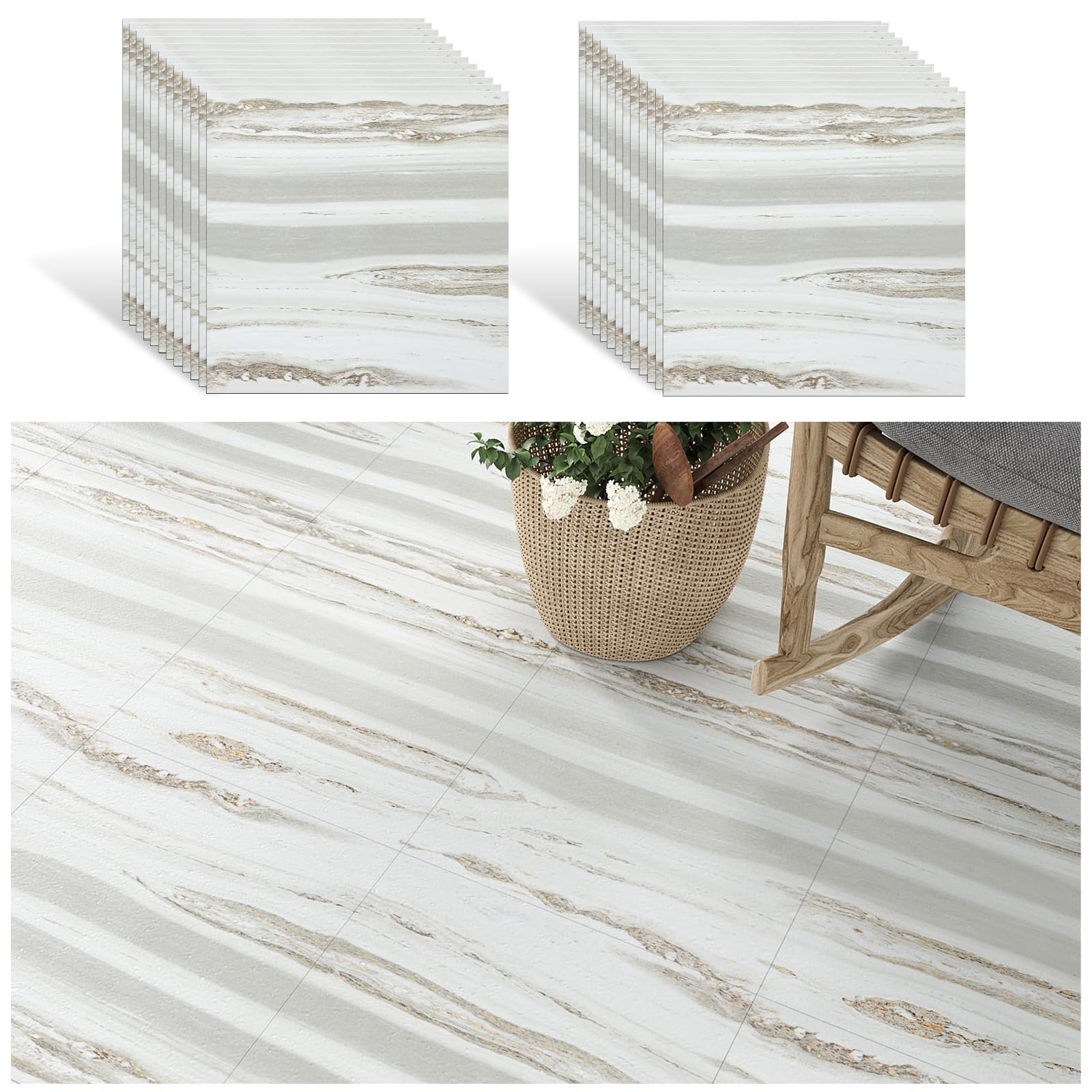 VEELIKE PVC Bodenbelag Steinoptik Beige Grau Marmor Vinyl Fliesen Fliesenaufkleber Boden Badezimmer Wasserfest Küchenfliesen Selbstklebende Bodenfliesen Wohnzimmer Abnehmbar 30cm×30cm 24 Stück