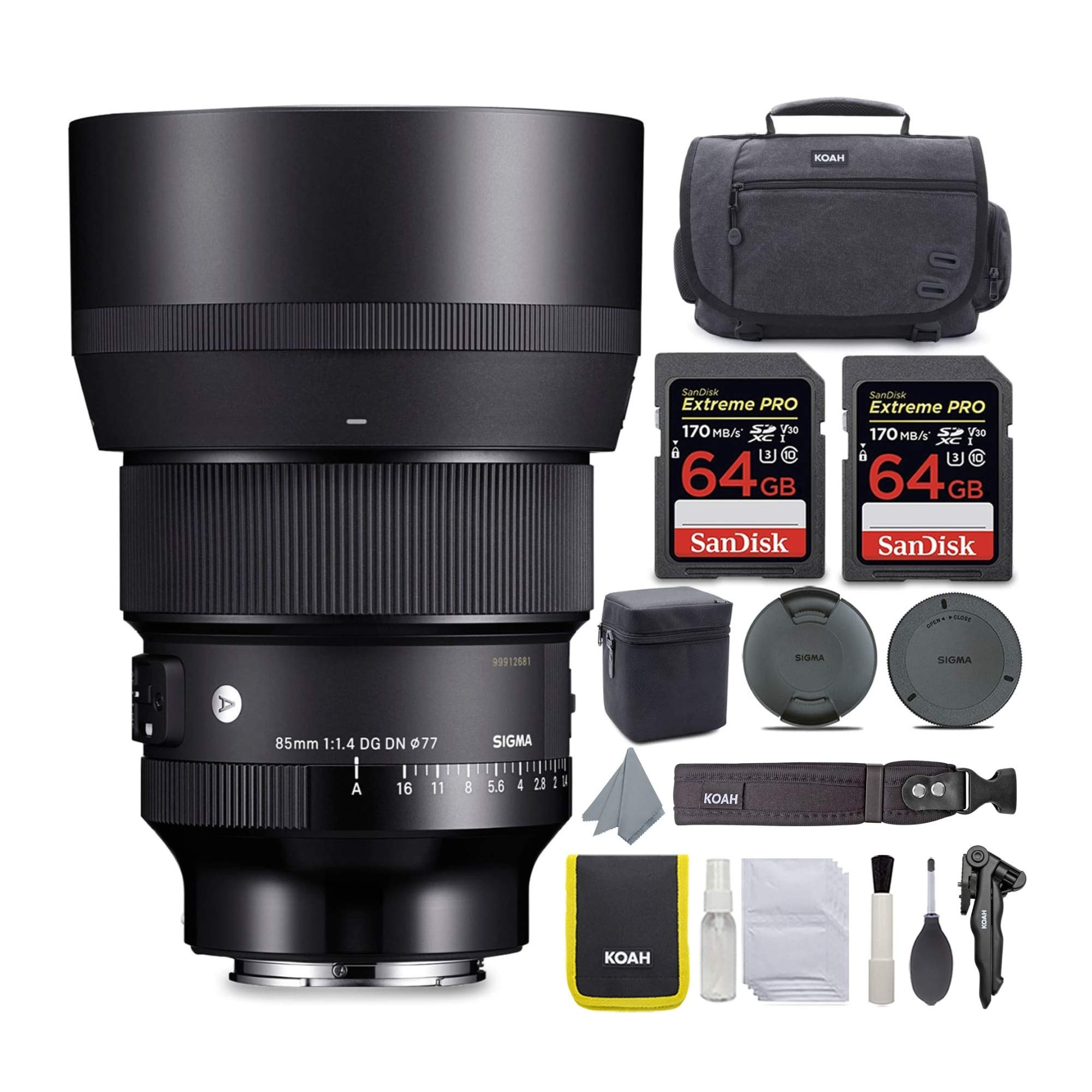 Sigma 85mm f/1.4 DG DN Art Lens for Sony E Bundle with 64GB Extreme PRO SD Card and Koah Messenger C