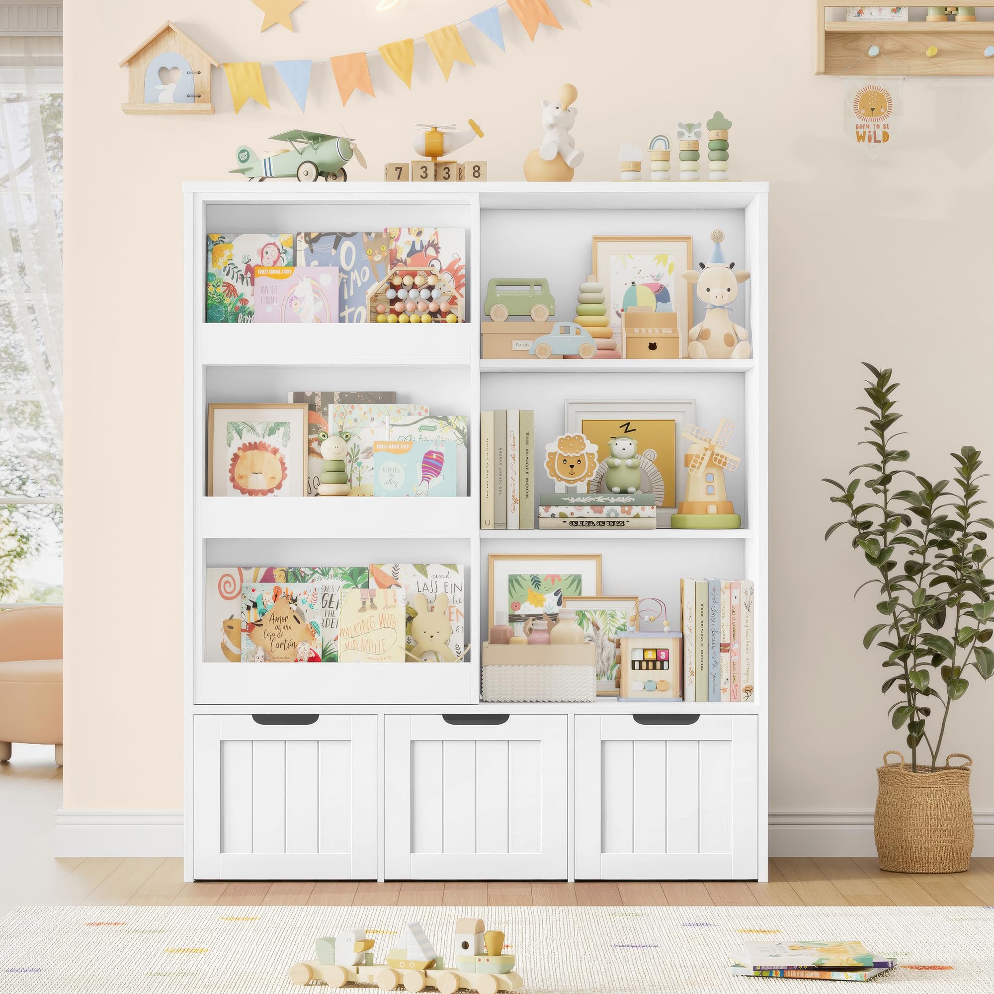 FOREHILL Bibliothèque Enfant avec Porte Coulissante Meuble Rangement Enfant avec 10 Étagères 3 Tiroirs Roulants Meubles Rangement Jouet pour Chambre d’Enfants 120,5x37x100cm Blanc