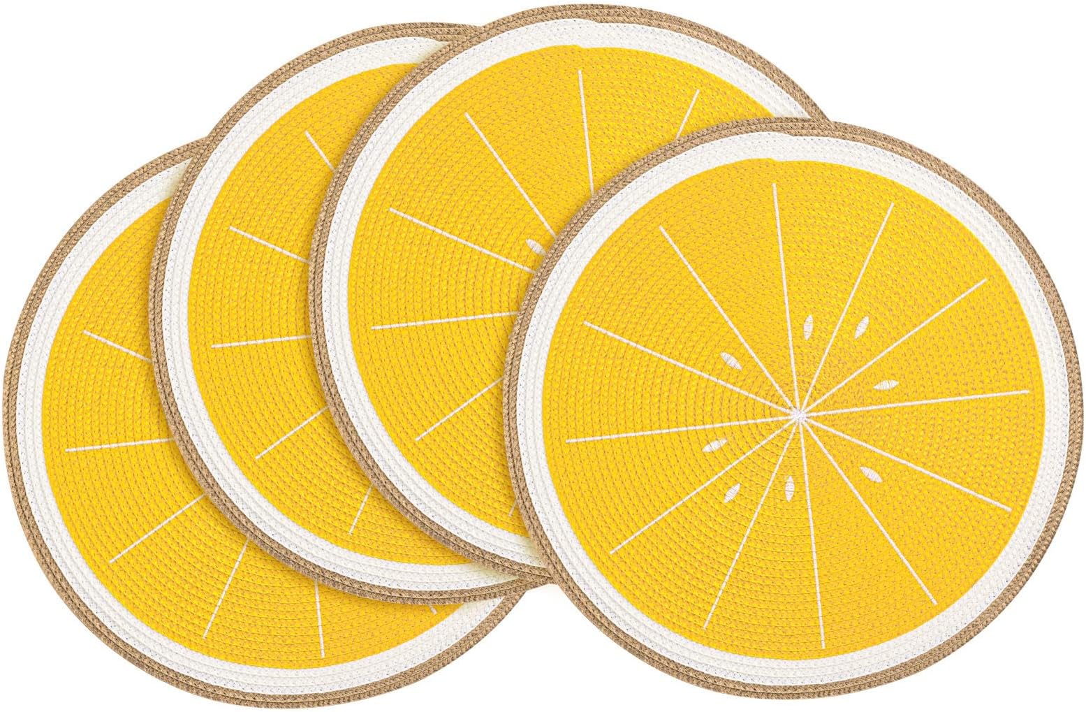 ZuproRound Placemats Set of 4,Braided 15 inch Table Mats Heat Resistant Non-Slip Washable,for Kitchen Dining Tables Four Seasons Dinner Parties Thanksgiving Christmas and Everyday Use.Lemon Yellow