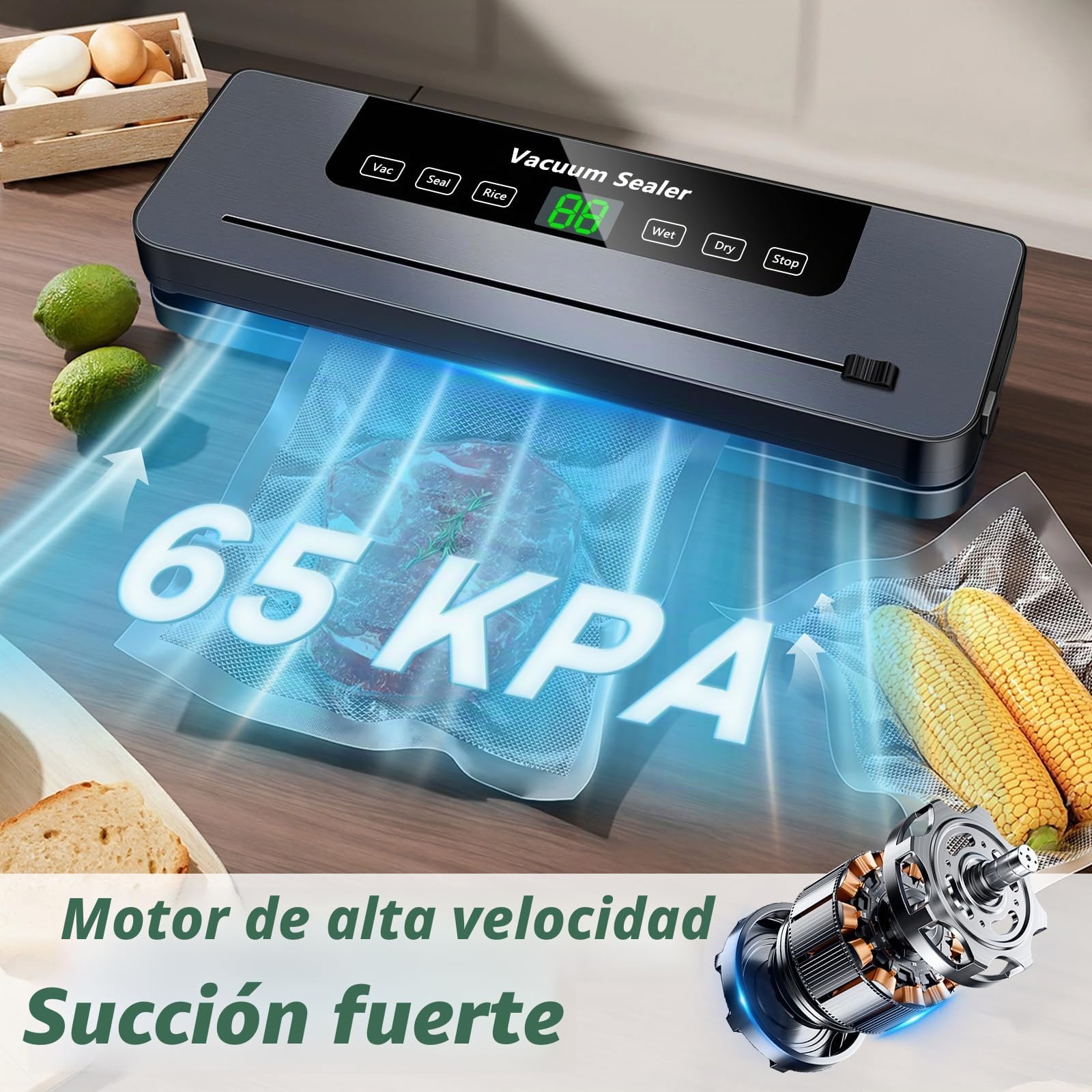 6 en 1 Envasadora al Vacio, Maquina Envasar al Vacío Profesional Modos, 50 bolsa de vacío, Sellador al Vacío Doméstico y Profesional, Cortador Integrado, Modos Seco y Húmedo