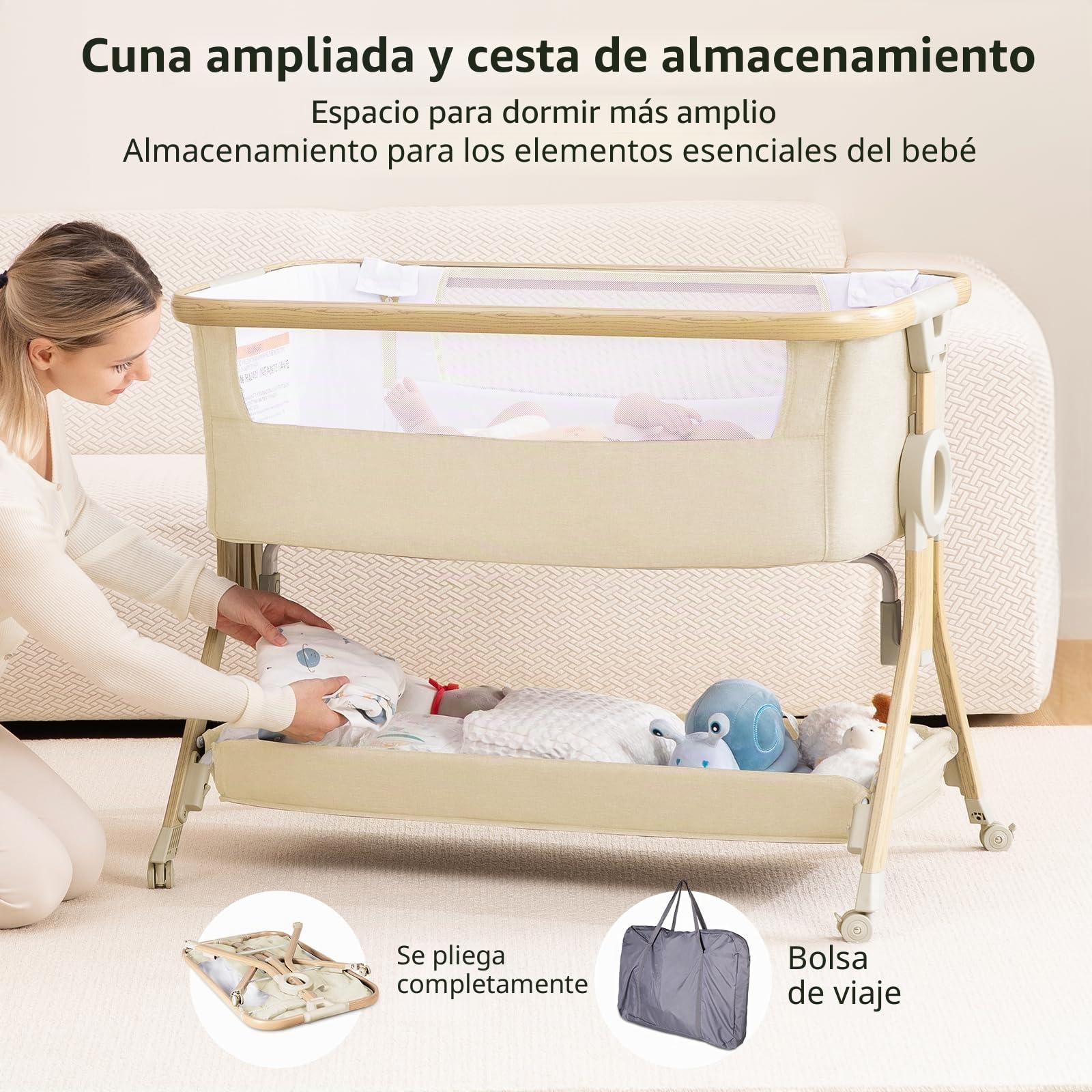 Larex Cuna Colecho para Bebé bassinet para recién nacido y bebé con mosquitera, bolsa y cesta de almacenamiento, 5 alturas ajustables,4 Ruedas con Freno, colchón transpirable y paredes de malla(Caqui)