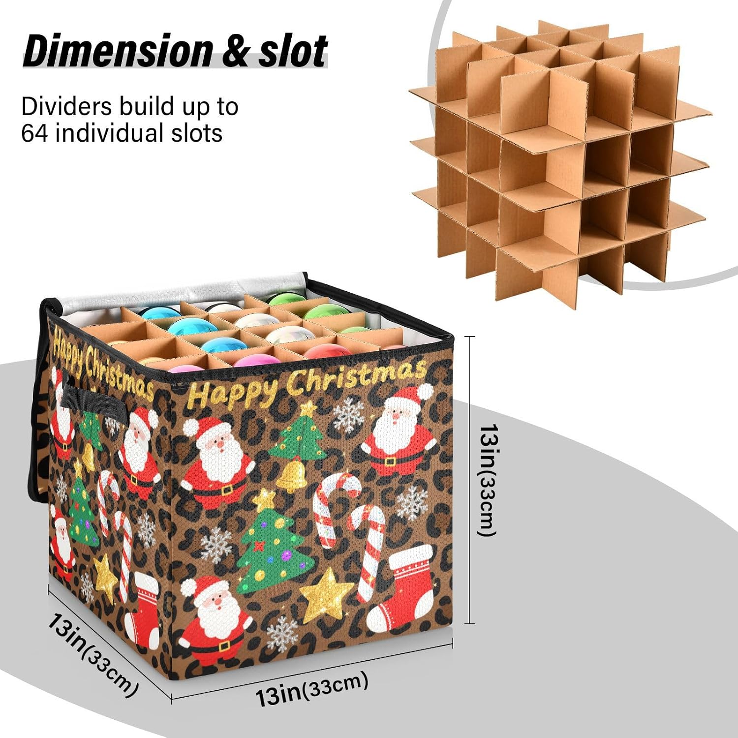 High Capacity Christmas large ornament storage Holds Up to 64, Adjustable Dividers, Zippered Top, Two Handles Holiday Storage Case with Lid,Brown Leopard Print Christmas