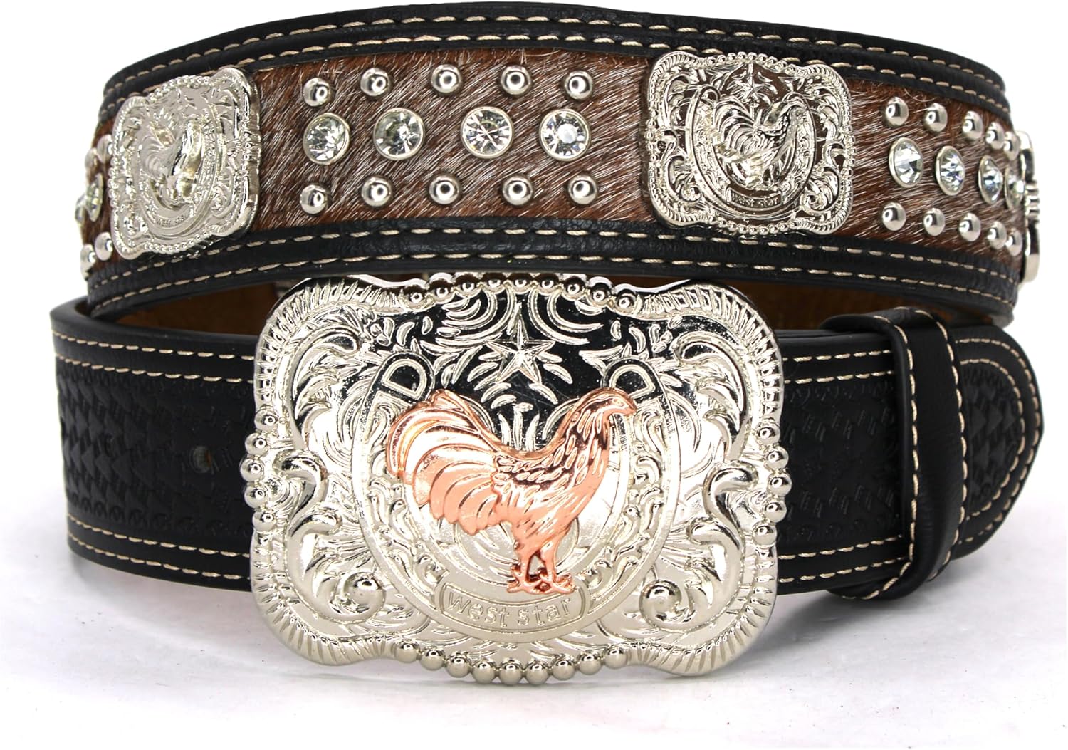 West Star Cowhair Belt Mens Women Western Cowboy Leather Belt Longhorn Horse Rooster Cowboy Prayer Flag