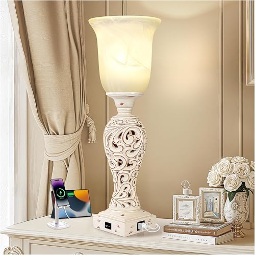 Lámpara de noche de 20 pulgadas para dormitorio, lámpara de mesa Torchiere con 2 puertos de carga USB, lámpara de escritorio vintage con pantalla de