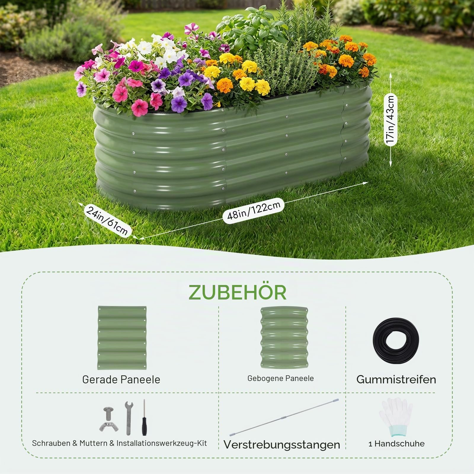 INNO STAGE Verzinktes Hochbeet-Set, 1,2 x 0,6 x 0,4 m Metall-Hochbeete für den Außenbereich zum Gärtnern, 43 cm hoch, großes Stahl-Hochbeet für Gemüse und Blumen, Terrasse, Boden, Pflanzkasten – Grün