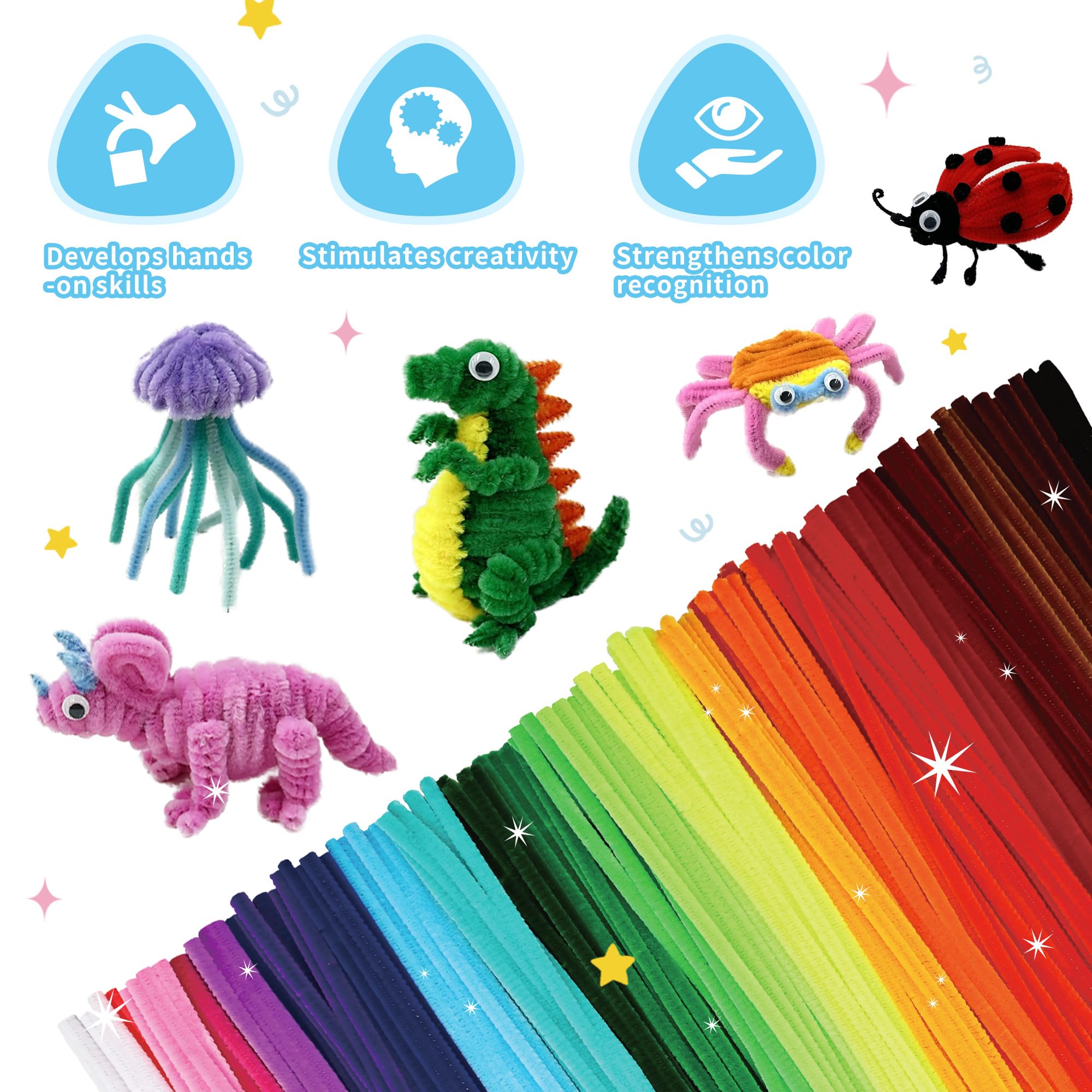 Lot de 1200 cure-pipes en chenille pour travaux manuels, 24 couleurs assorties, fournitures artistiques pour enfants, projets de salle de classe et décorations