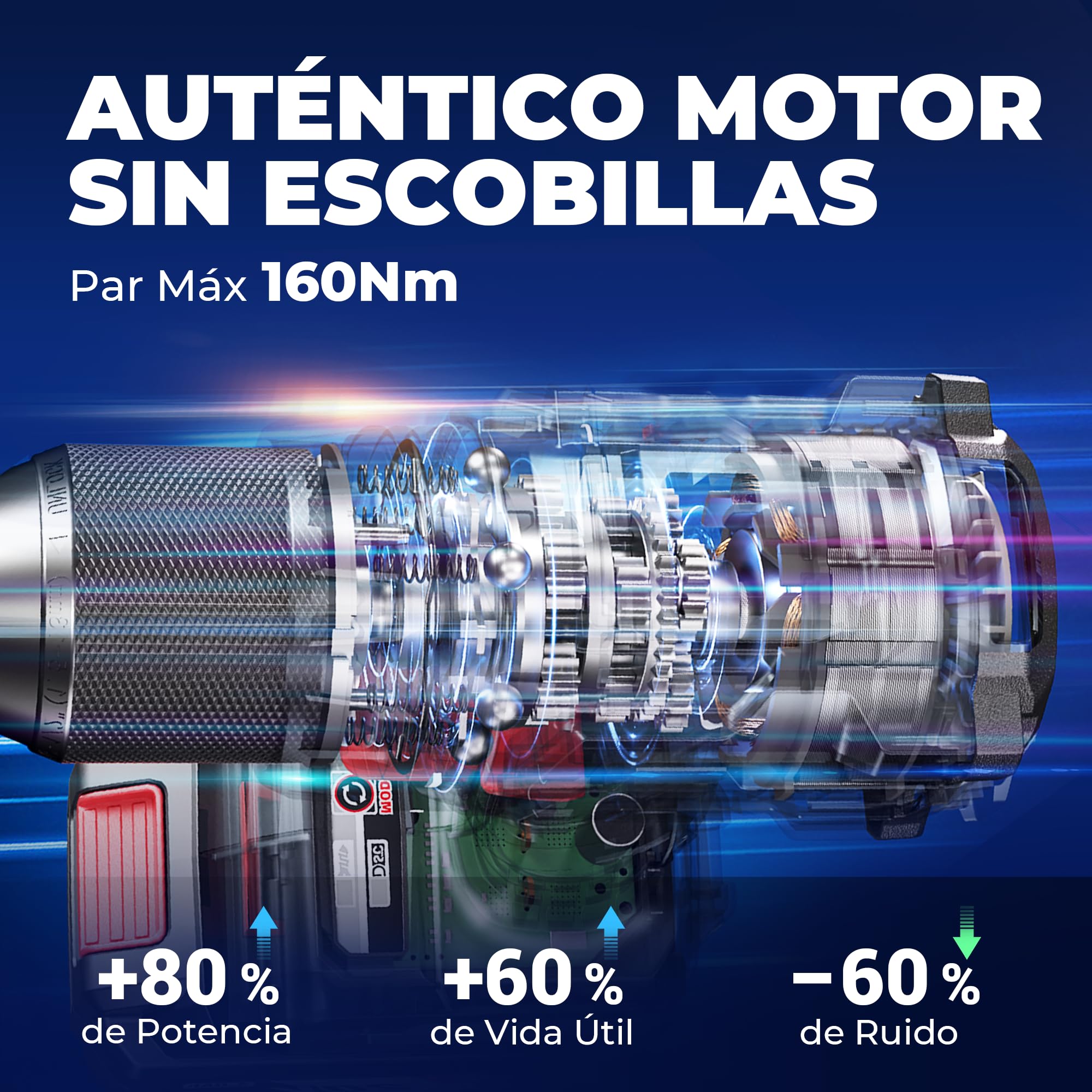Dong Cheng Taladro de Percusión Inalámbrico 20V 160Nm, Taladro Percutor Batería Brushless, 2x4,0Ah, 3 Modos-Atornillar, Perforar y Percuto, Portabrocas de 13 mm, 2 Velocidades, 19+2Niveles de Par