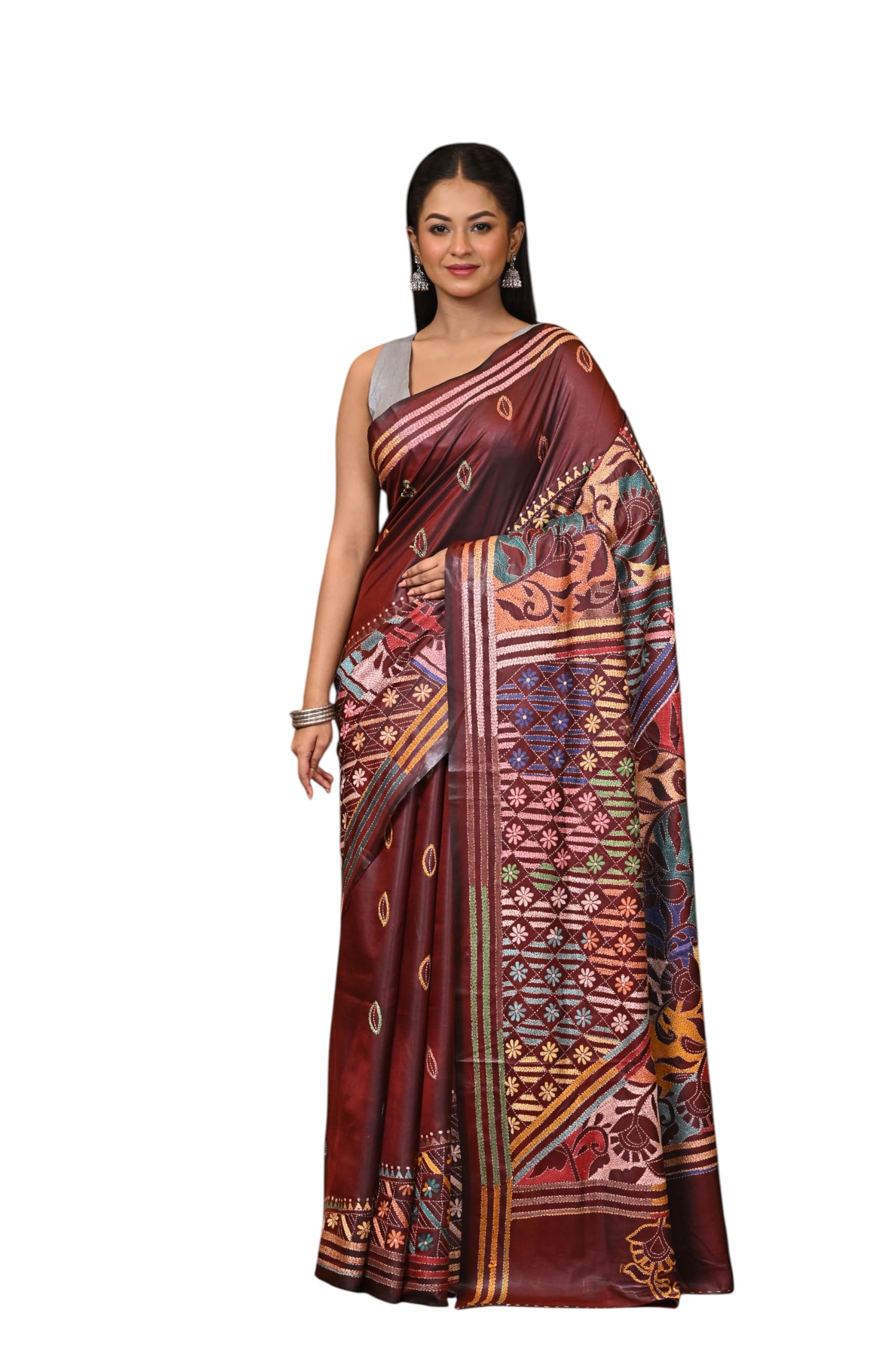 Blended Silk Kantha Stitch Saree Silk Blend Brown-image-41