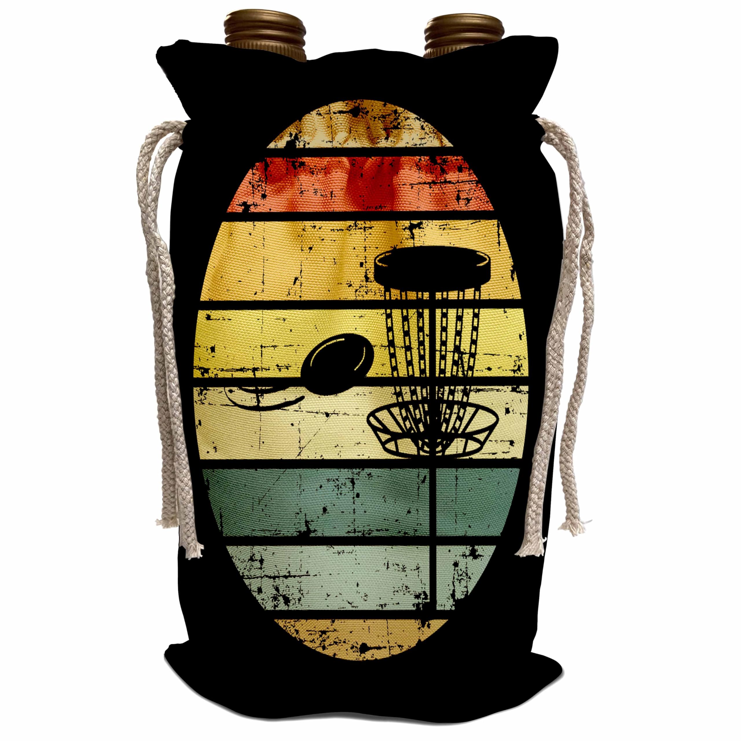 3dRose Black disc golf basket with disc over retro striped circle on... - Wine Bags (wbg-382285-1)