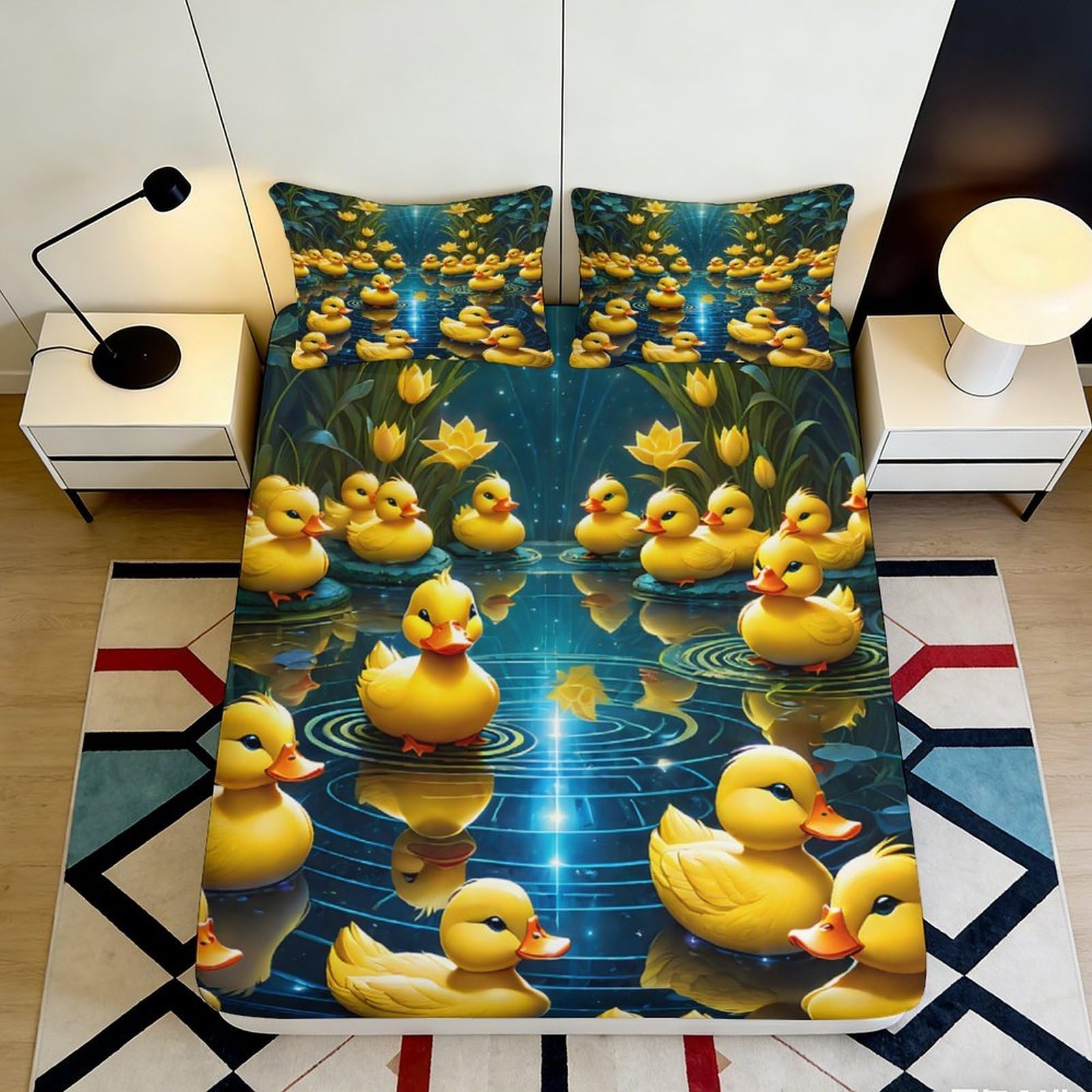 3D Printed Yellow Duck Pond Fitted Sheet Microfiber Anti-Slip Mattress Cover for Bedroom Guest Room Easy Care Decor 120x200x25cm