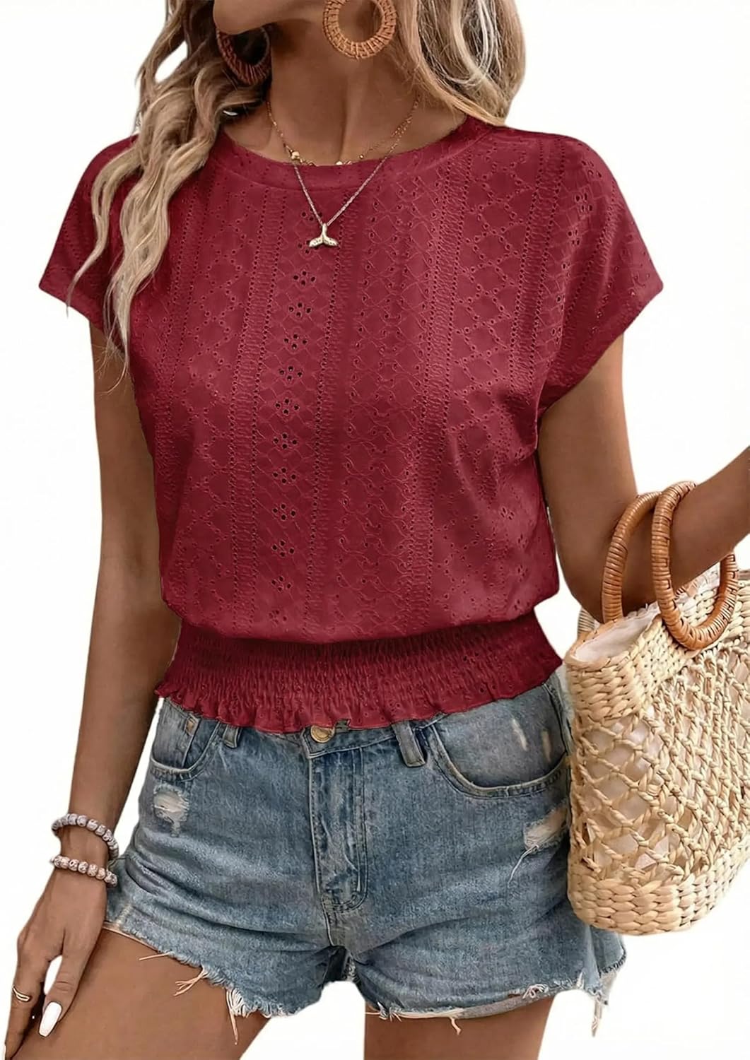 Elastic Waist Eyelet Tops for Women Summer Smocked Crewneck Short Sleeve Tee Crop Casual Plain T Shirts for Vocation Work