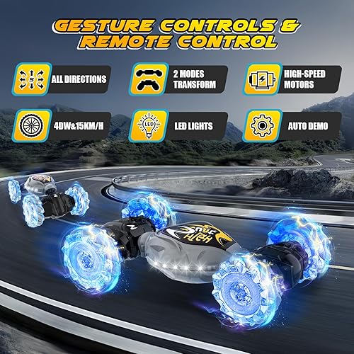 Miniatura 2 de Auto de control remoto, 2.4 GHz, auto de acrobacias RC con detección de gestos LED, 4WD de rotación de doble cara con luces y música, automóvil de