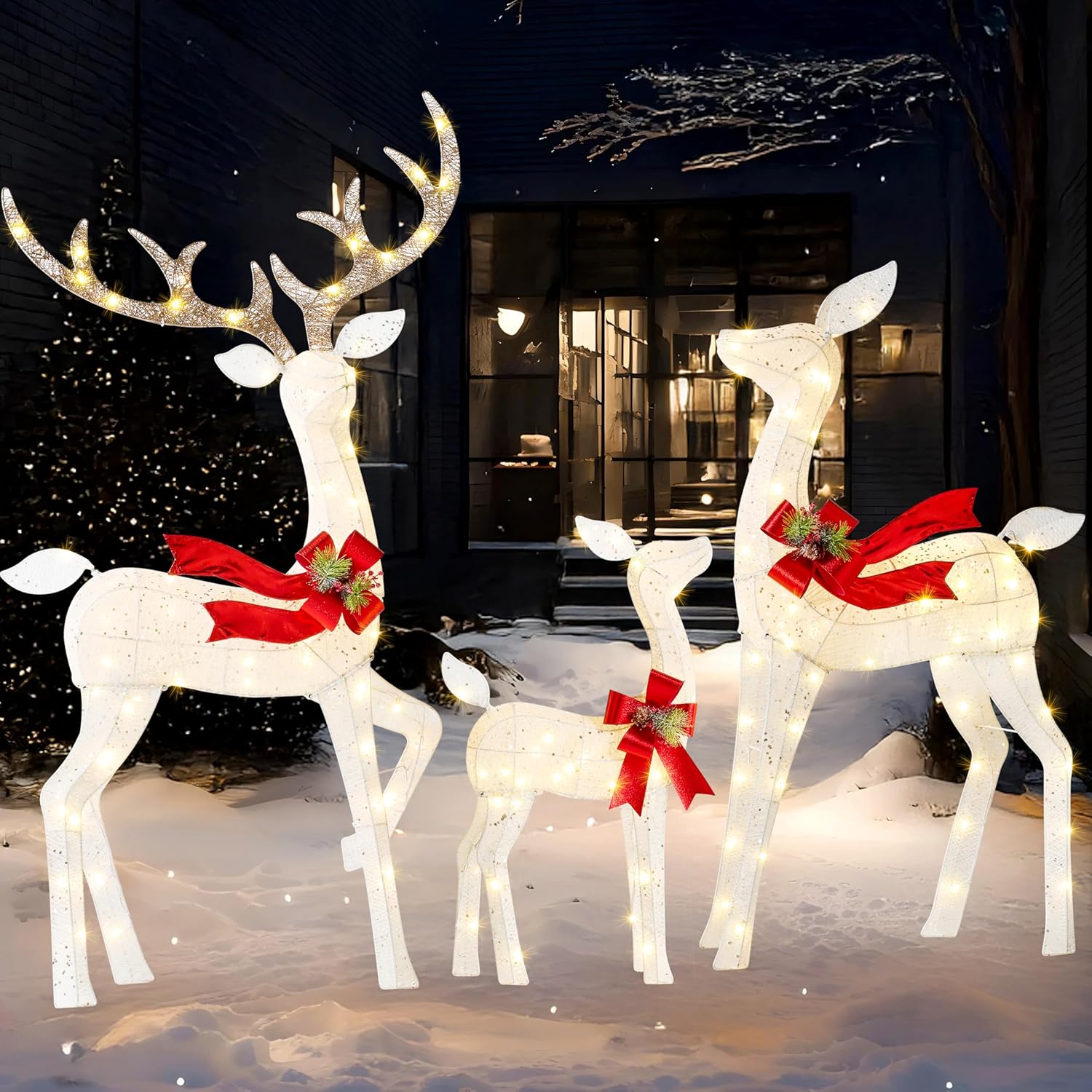 JOYIN Outdoor Christmas Decorations for Yard, 3 Pcs Lighted Christmas Deer Family Set, Warm White LED Lights Xmas Yard Decor, 3D Reindeer with Stakes Zip Ties for Lawn Garden Porch Holiday, White