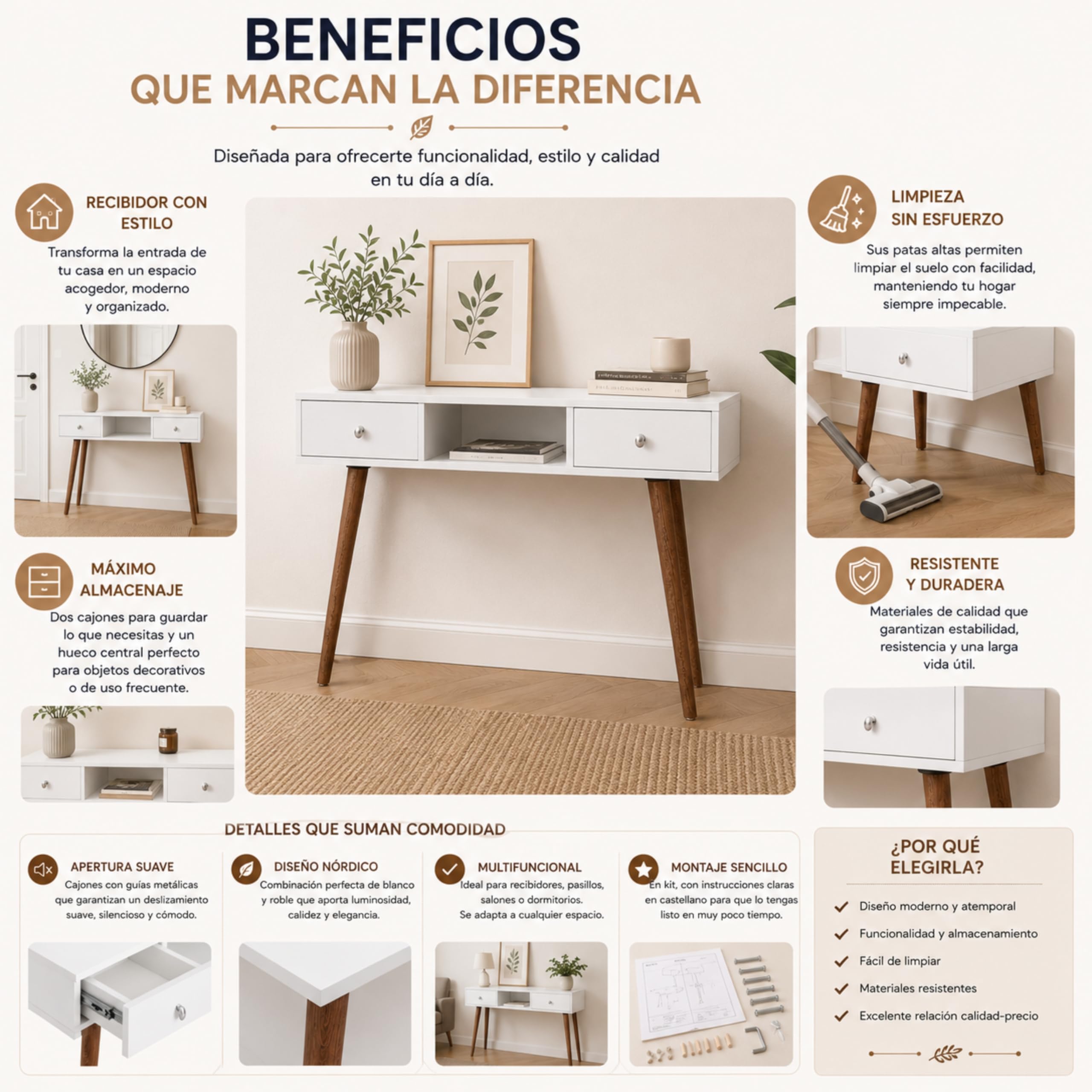 Recibidor Consola Blanco y Roble 90 x 30 x 77 cm con Dos cajones Temis