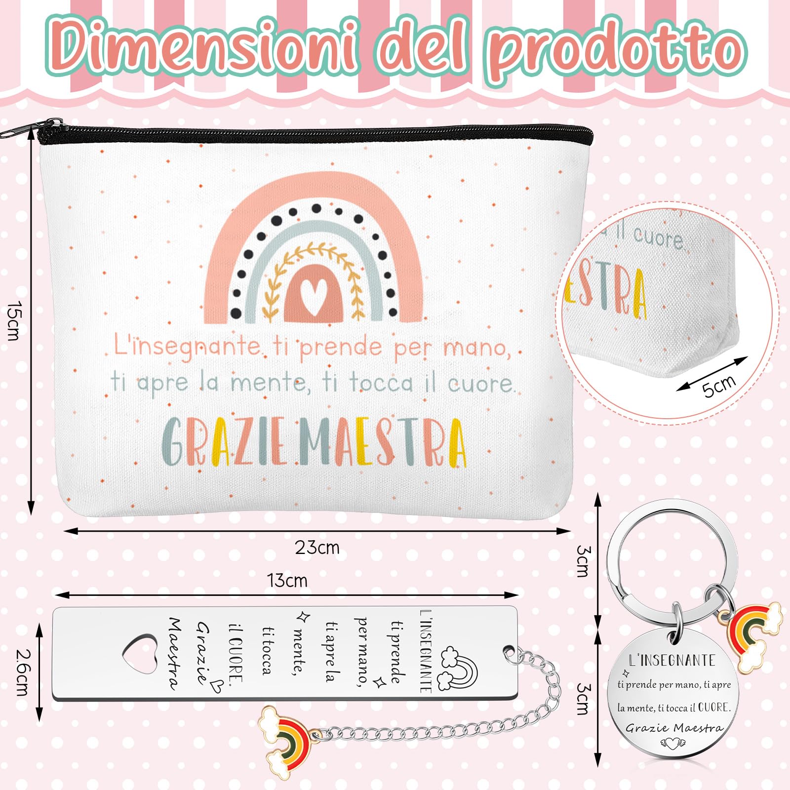 Hestya 6 Regalo di Ringraziamento per Insegnanti Borse in Tela Arcobaleno con Trousse per il Trucco Quaderno a Spirale Segnalibro Penna a Sfera e Portachiavi Apprezzamento per Maestre