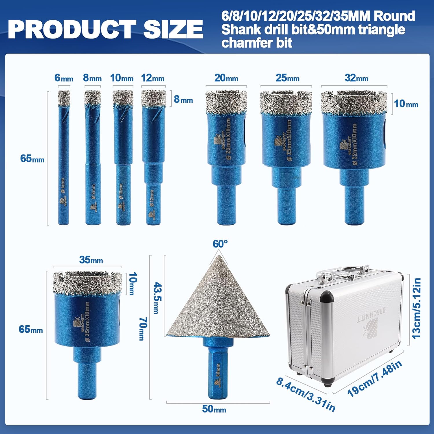 Dry Diamond Core Drill Bit Set,BRSCHNITT Diamond Tile Hole Saw Kit with Round Shank for Porcelain Tile Ceramic Stone Granite Marble, 6/8/10/12/20/25/32/35mmDrill Bit+50mm Chamfer Bit