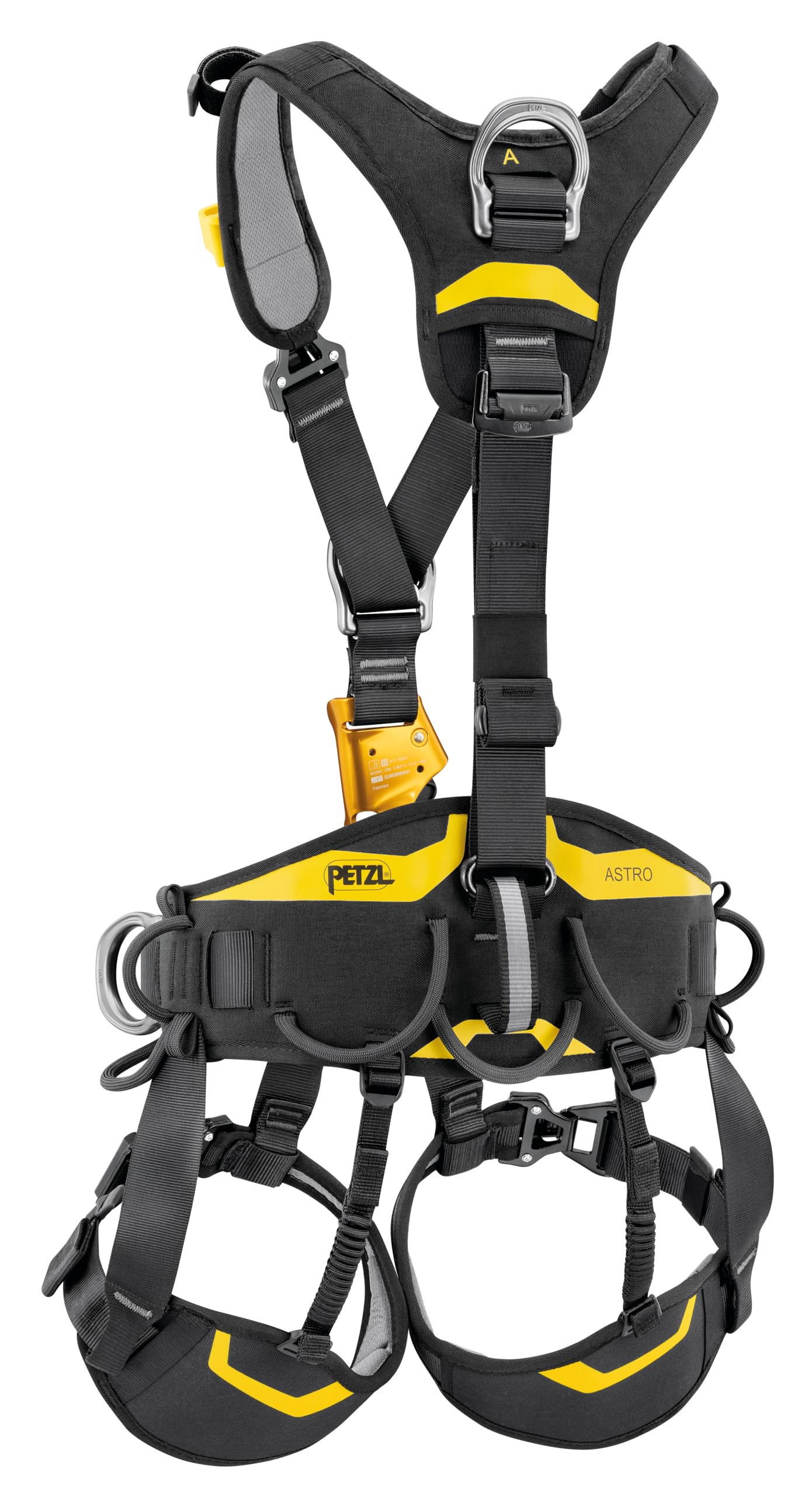 PETZL ASTRO - Imbracatura di accesso a corda, nero/giallo, nylon/poliestere/alluminio/acciaio, versione internazionale
