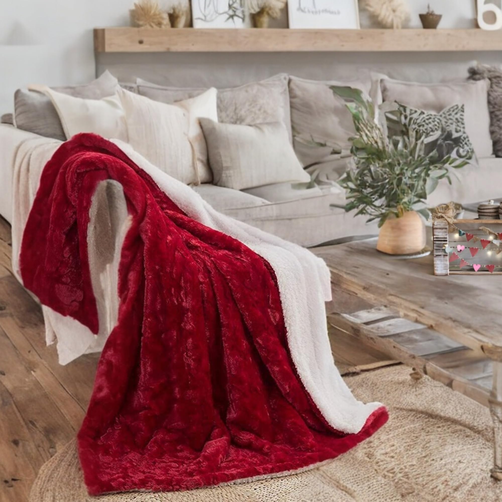 DaDa Bedding Luxury Hearts in Love Lavish Luxe Plush Faux Fur Sherpa Fleece Throw Blanket - Soft Warm Cozy Embossed Textured Solid Raspberry Red Print - 50" x 60"