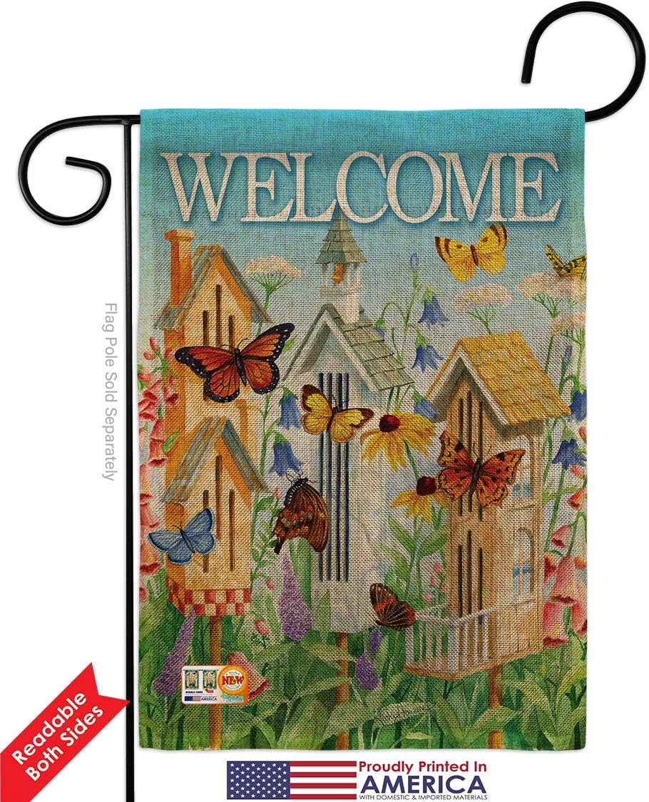 Welcome Butterfly Houses Burlap Garden Flag Friends Ladybugs Dragonfly Bee Springtime Insect Natural Wildlife Small Decorative Gift Yard House Banner Double-Sided Made In USA 13 X 18.5
