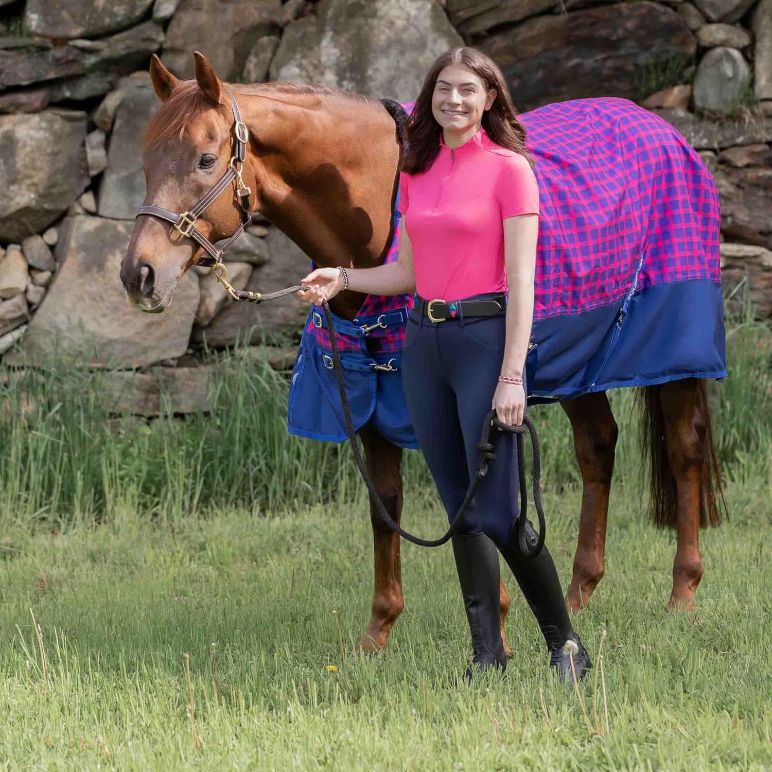 Equinavia Norse No Fill Horse Rain Blanket (0g) | Waterproof Lightweight Turnout Sheet - Black - 66 in - Galaxy Blue/Pink Flambee - 66 in