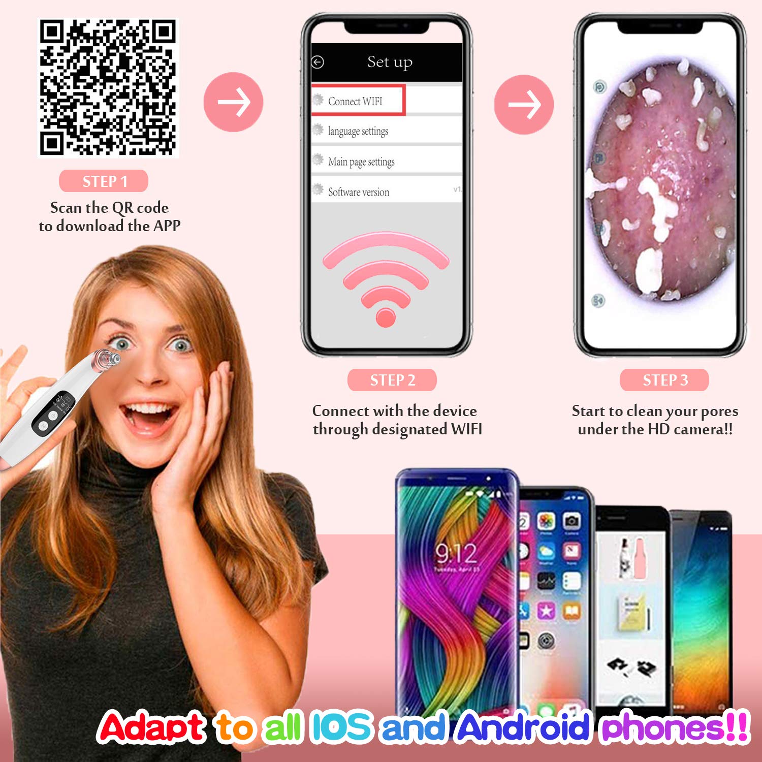 Removedor de cravos com câmera, ampliação visual de 20x, sucção forte com 5 sondas substituíveis, recarregável por USB, limpador de poros para o rosto para homens e mulheres | Amazon.com.br