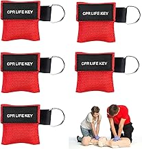 Pack of 5 Respiratory Mask Key Fob, Respiration Mask, First Aid, Respiration Mask, Ventilation Cloth, CPR Mask, for Bag or Key Chain, CPR Emergency Face Protection with Disposable Valve (Red)