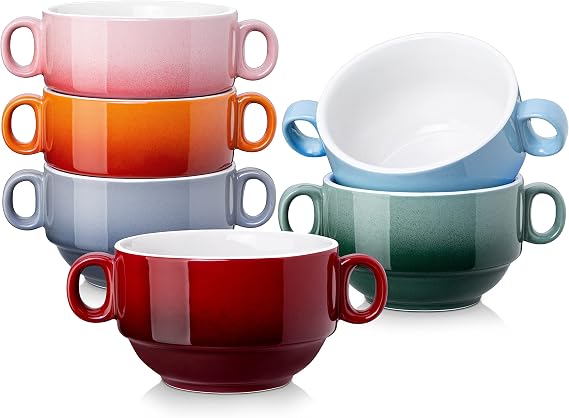 LOVECASA 13 OZ Soup Bowls with Handles Set of 6 Bundle 7.4 Extra Large Ceramic Utensil Holder, Blue
