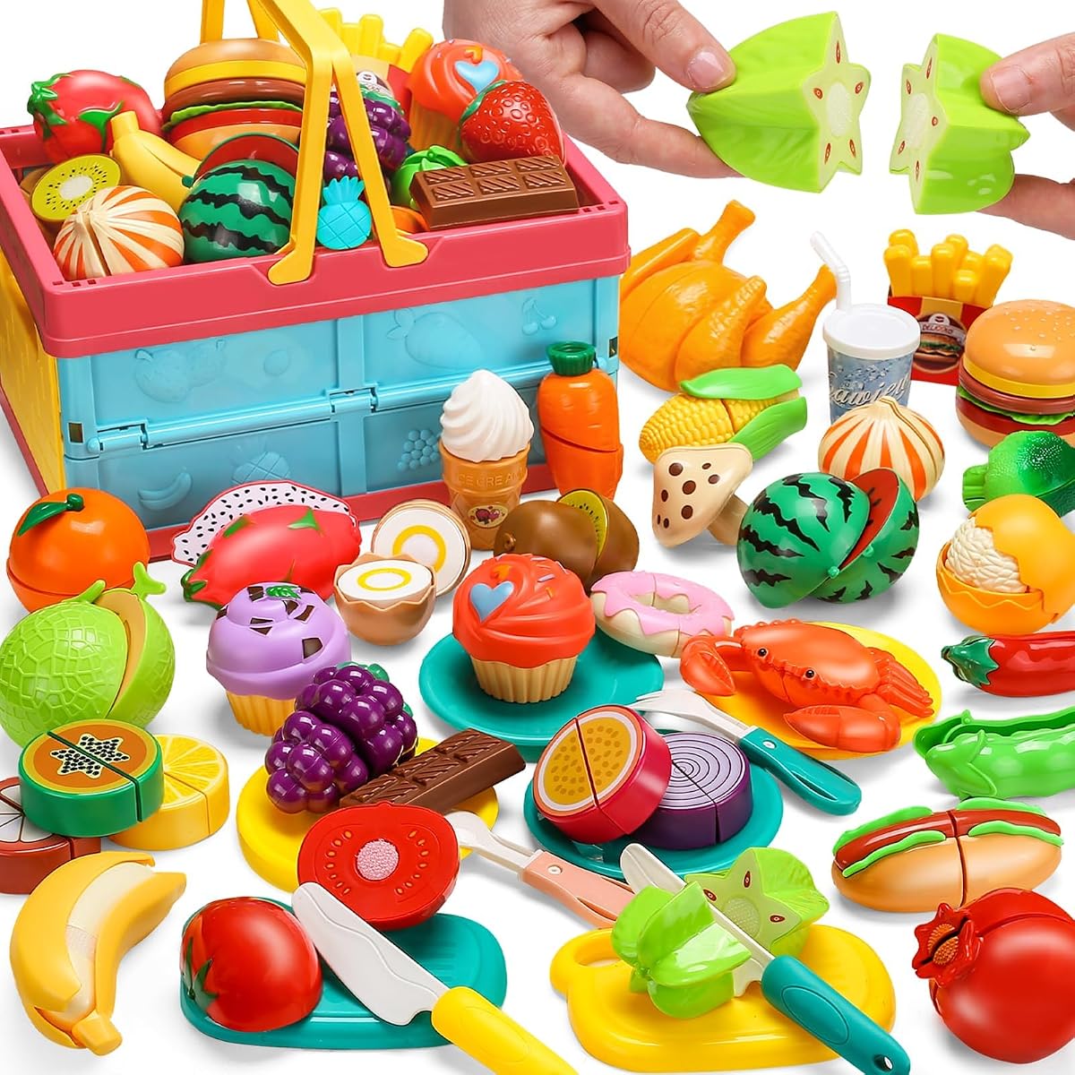 100 PCS Play Food Set for Kid Kitchen,Storage Basket with Vegetable & Fruit | Fake Food Accessories Toys for Birthday Christmas Gift, Pretend Cooking Playset for Child