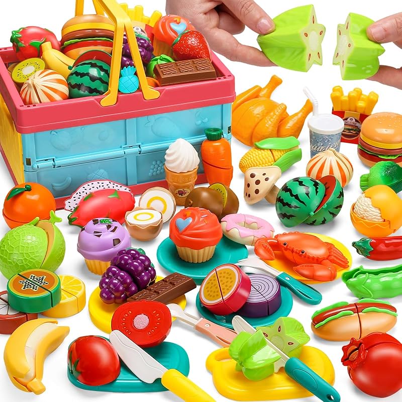 100 PCS Play Food Set for Kid Kitchen,Storage Basket with Vegetable & Fruit | Fake Food Accessories Toys for Birthday Christmas Gift, Pretend Cooking Playset for Child