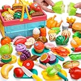 100 PCS Cutting Play Food Set For Kid Kitchen, Storage Basket with Vegetable & Fruit Toy For Toddler Boy Girl, Fake Food Accessories Toys for Birthday Christmas Gift, Pretend Cooking Playset for Child