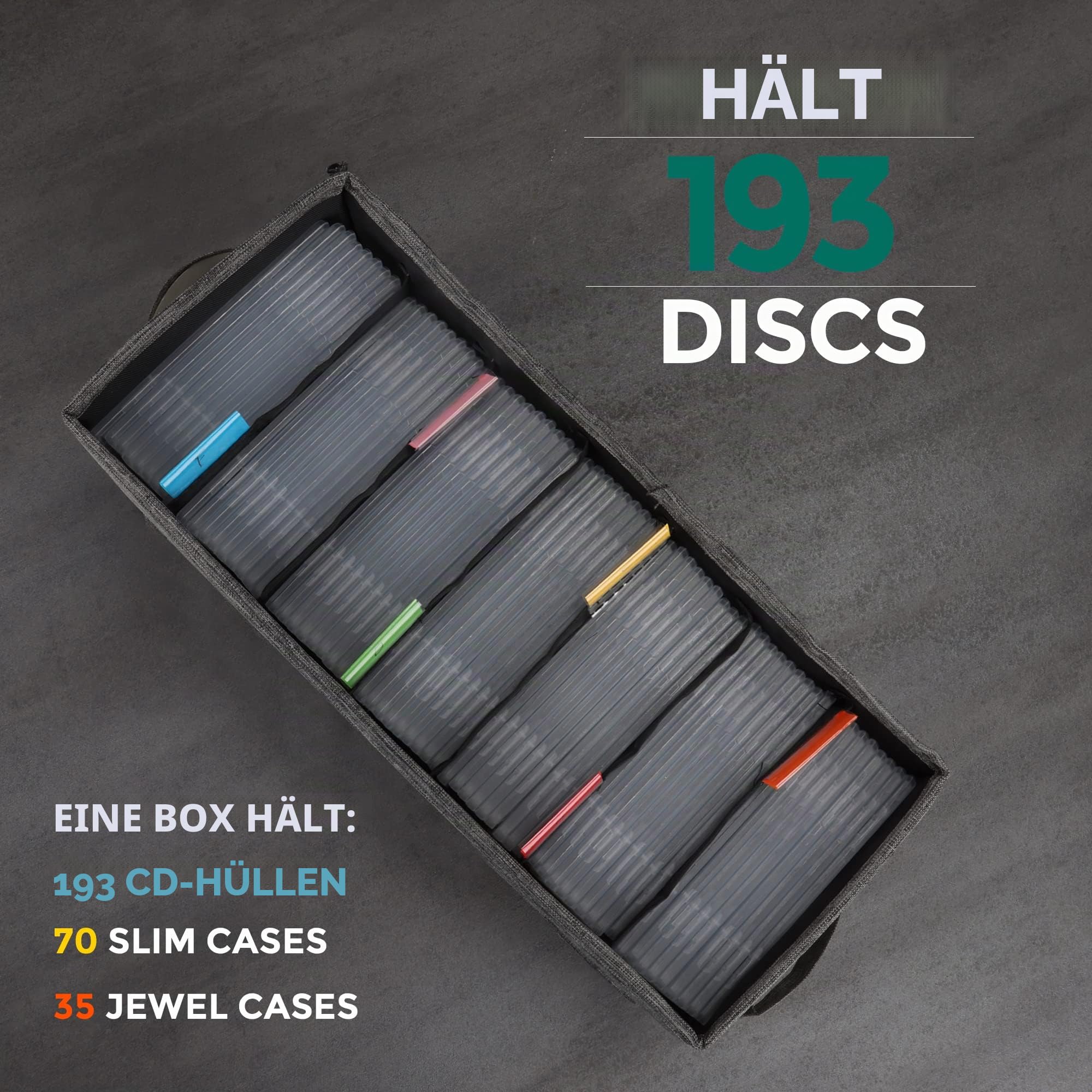 TWAVETREE CD-Aufbewahrungsbox mit Deckel, 3 Stück, langlebige CD-Hülle, Organizer mit Index-Etiketten, 37,8 x 14,5 x 15,5 cm CD-Aufbewahrungsbox zur Aufbewahrung von bis zu 95 CDs und 579 Discs, Grau