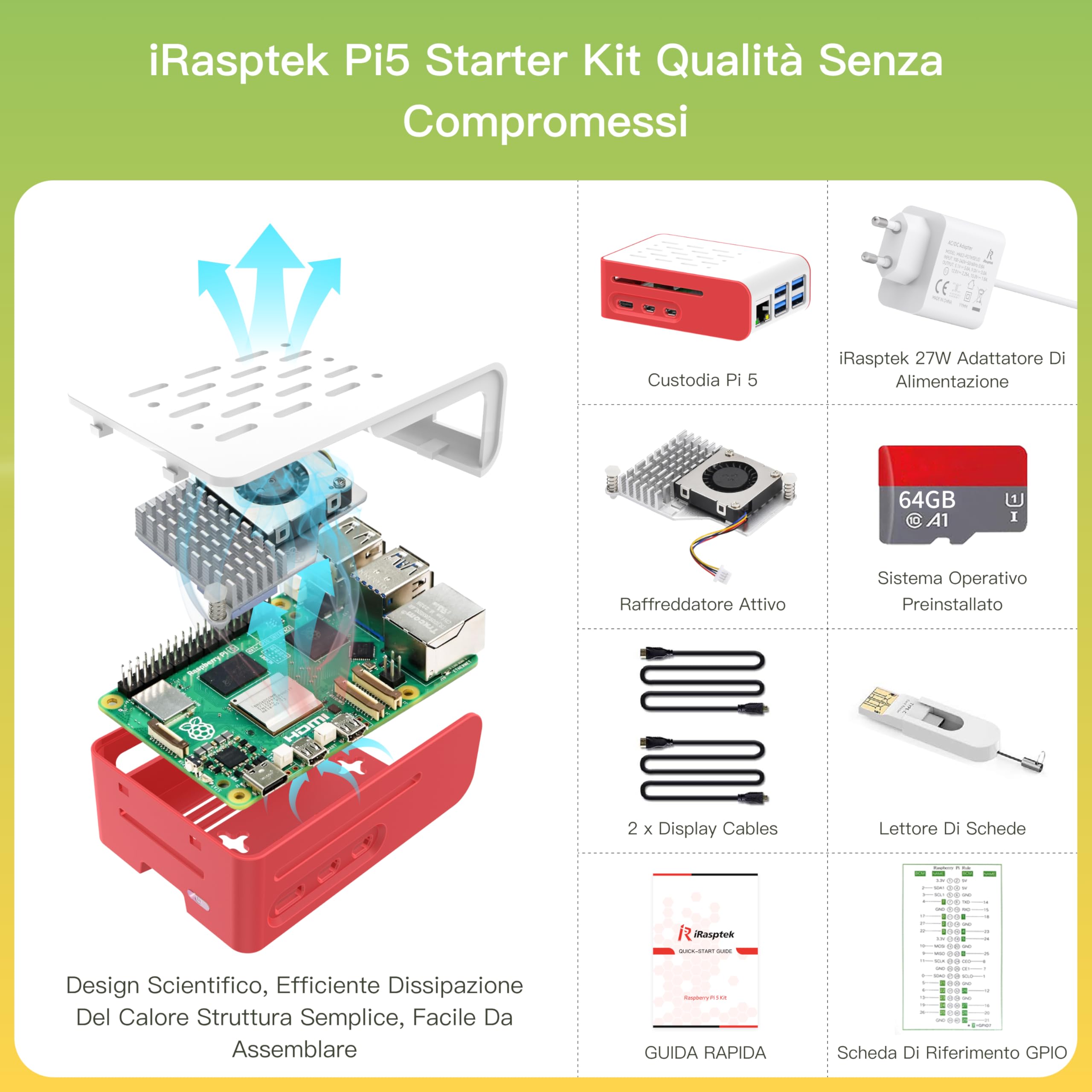 iRasptek Starter Kit For Raspberry Pi 5 8GB RAM - Edizione OS-Bookworm da 64GB preinstallata(Custodia rosse e bianca)