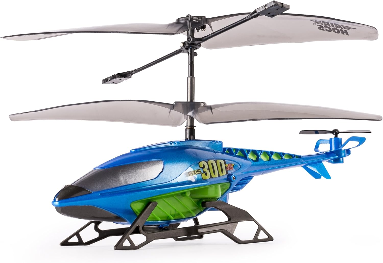 مخکینۍ خوا view of the Air Hogs Axis 300X Helicopter, showcasing its blue body and black landing skids.