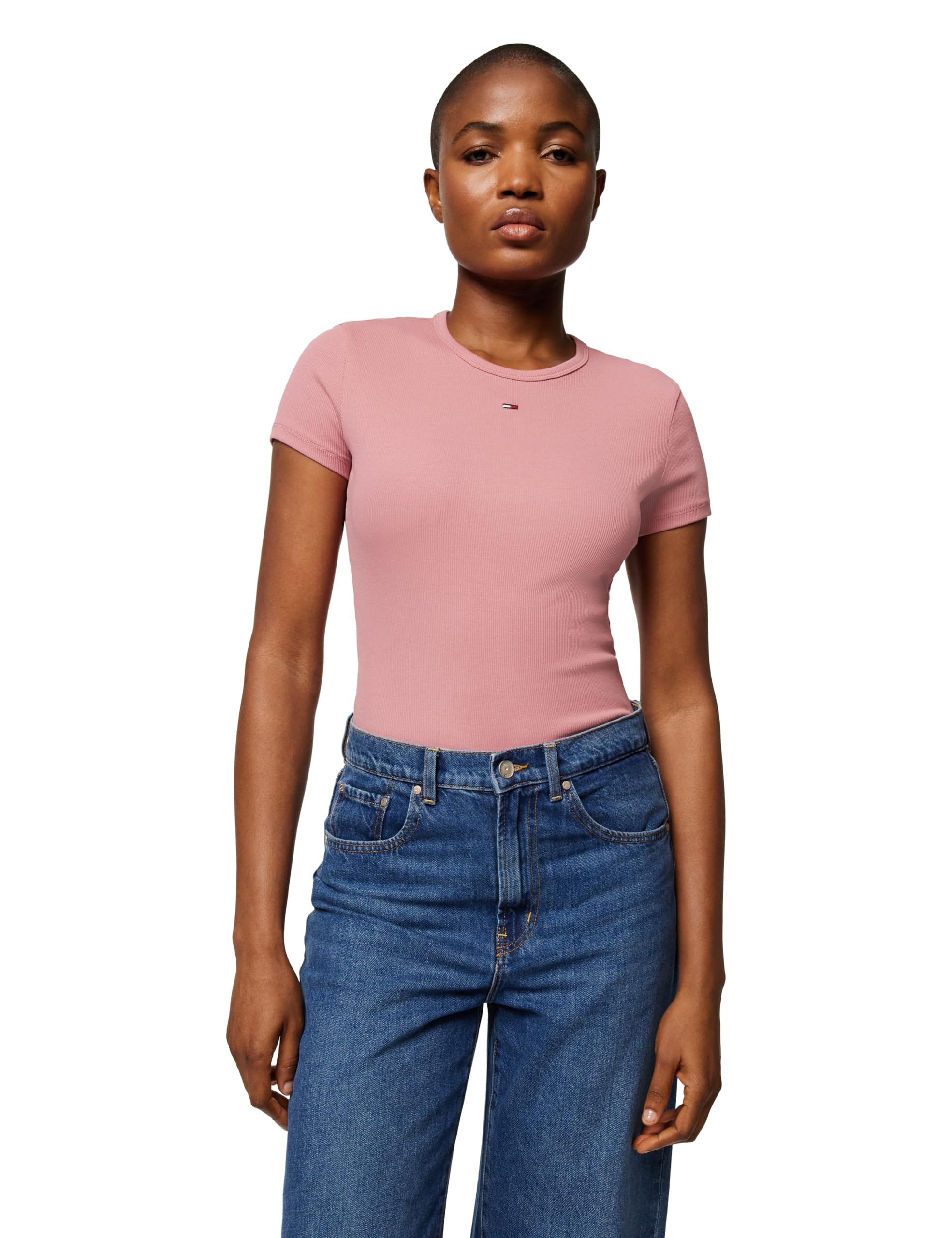 TOMMY JEANS Womens Tjw Slim Essential Rib Ext Dw0dw17383 S/S T-Shirt, Pink (Tahiti Berry), XL UK