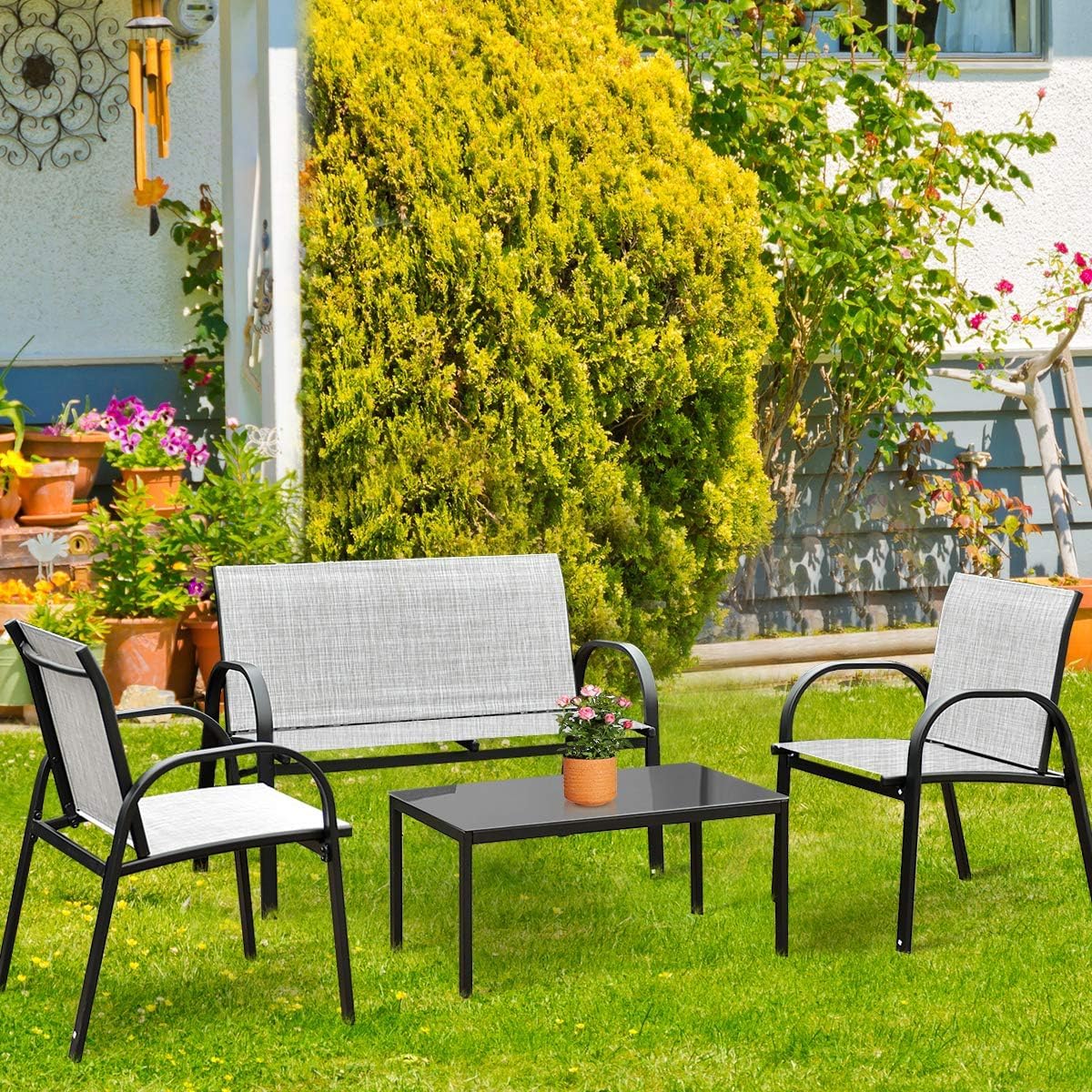 GOPLUS Conjunto de Muebles de Jardín 4 Piezas, 1 Mesa de Centro, 1 Sofá y 2 Sillones con Apoyabrazos Lisos, Tela de Malla, para Jardin, Piscina, Terraza, Patio (Gris)